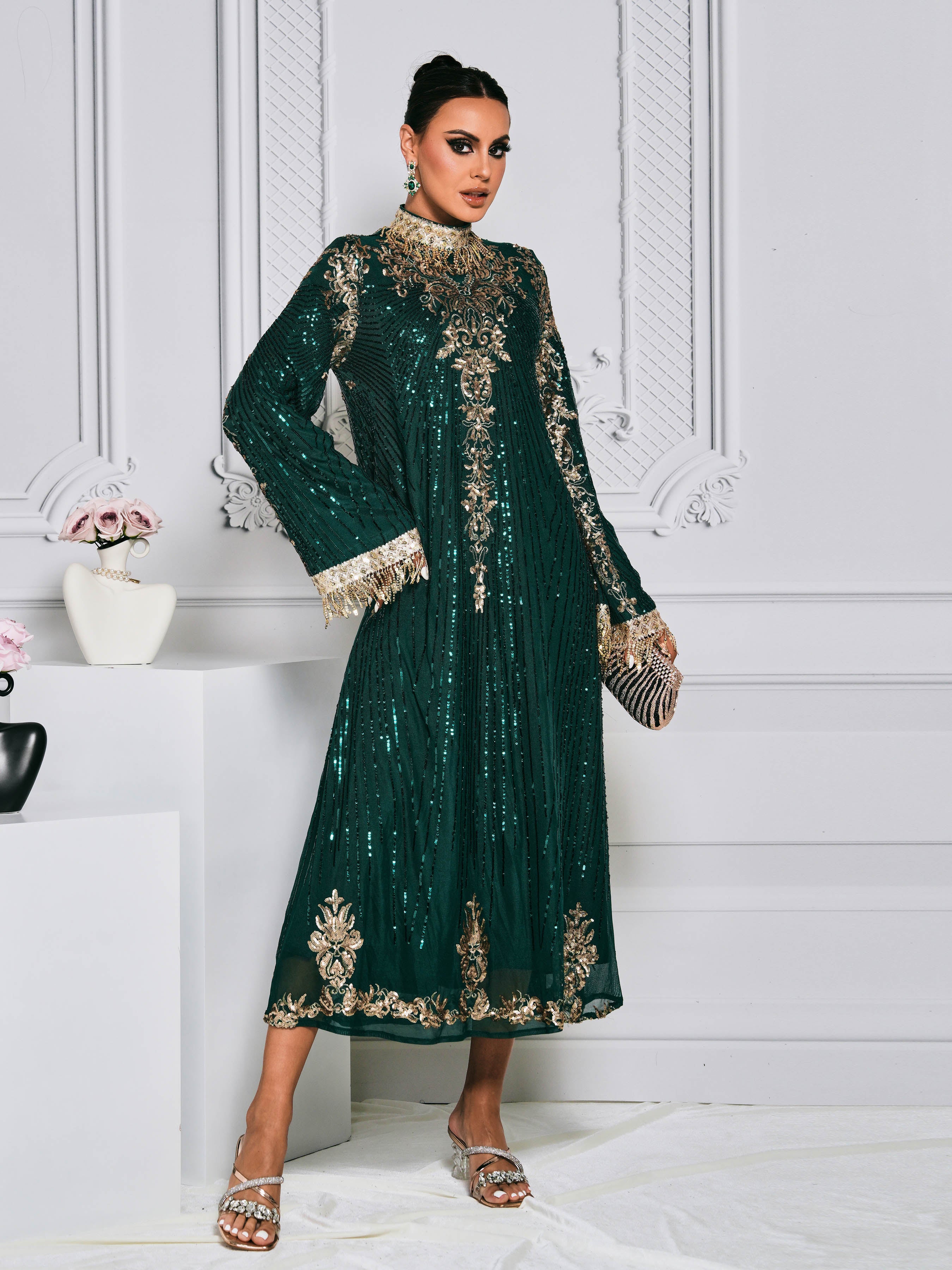 Stand Collar Bell Sleeve Sequin Dress MES00344