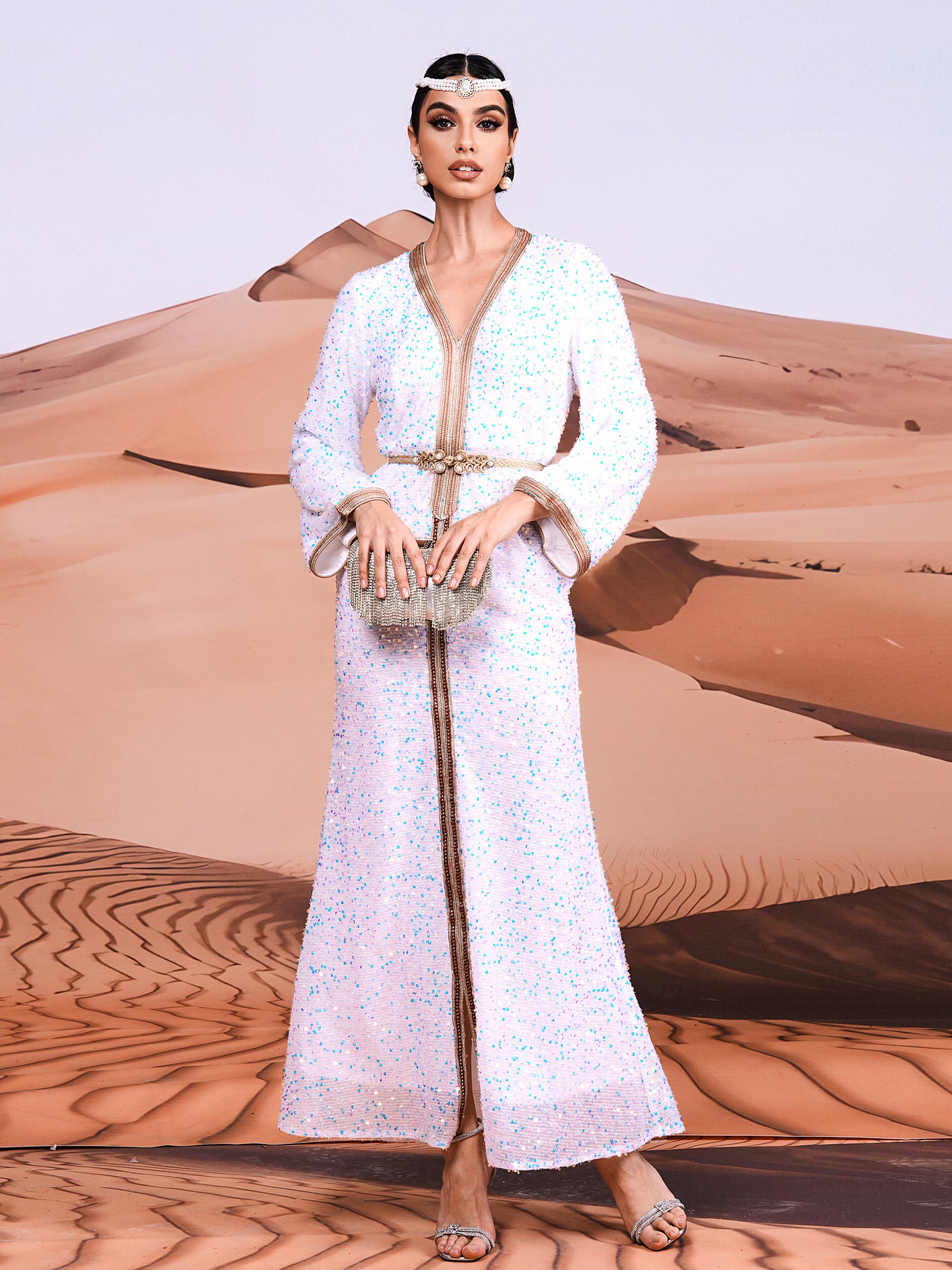 V-neck White Sequin Muslim Dress MES00395