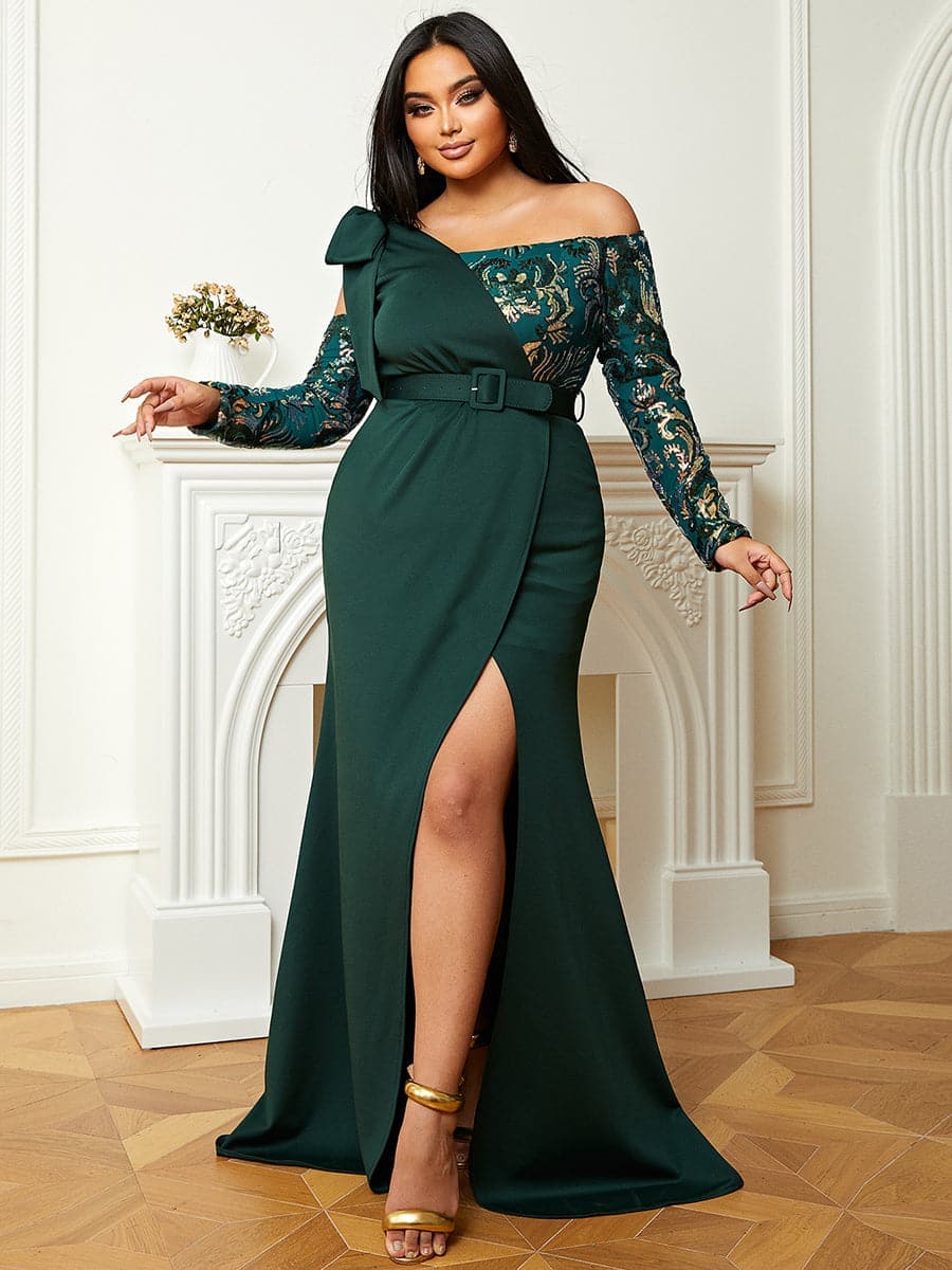 Plus Off Shoulder Emerald Green Gown PJM019L