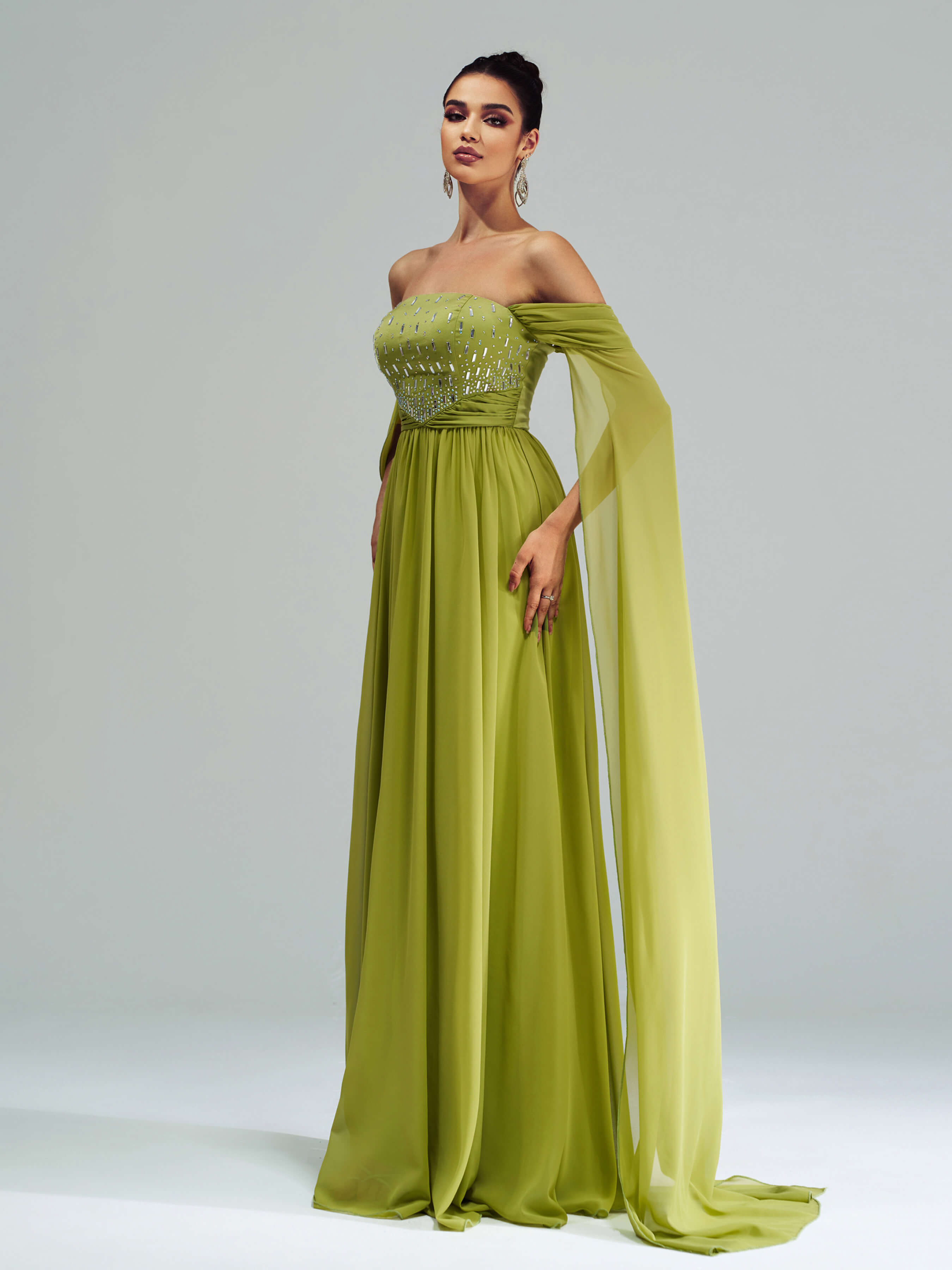 Green Chiffon Rhinestone Off Shoulder Prom Dress RX70147