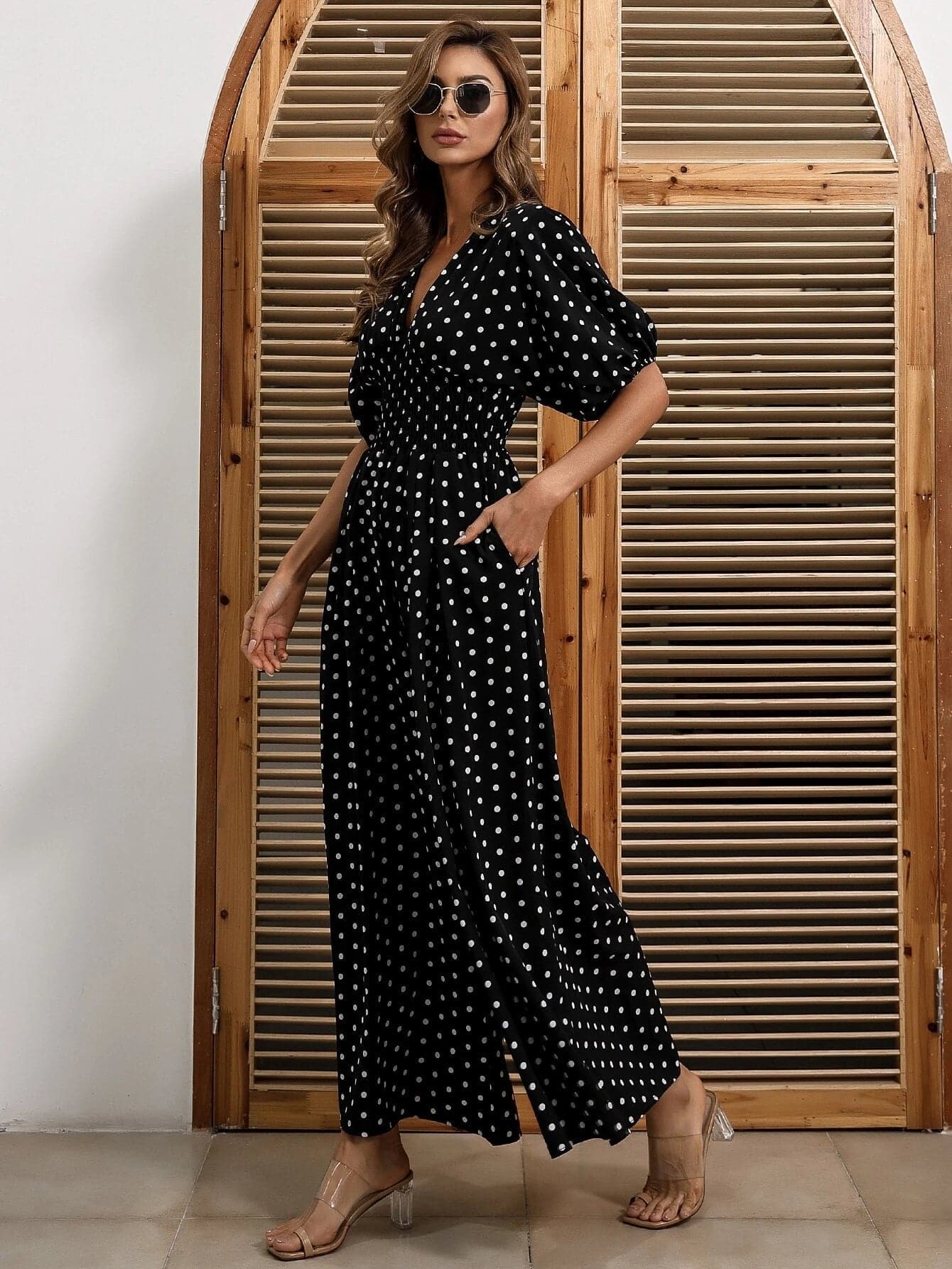Polka Dot Shirred Waist Jumpsuits M01178