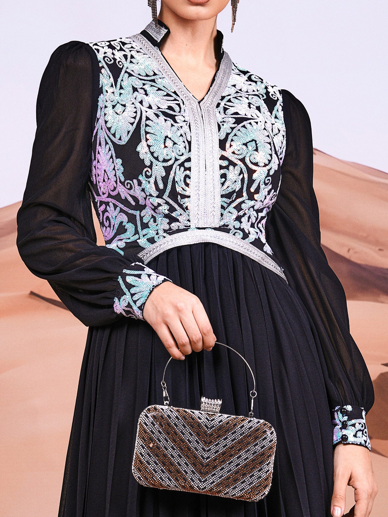 Long Sleeve A-line Pleated Tulle Dress MES00388