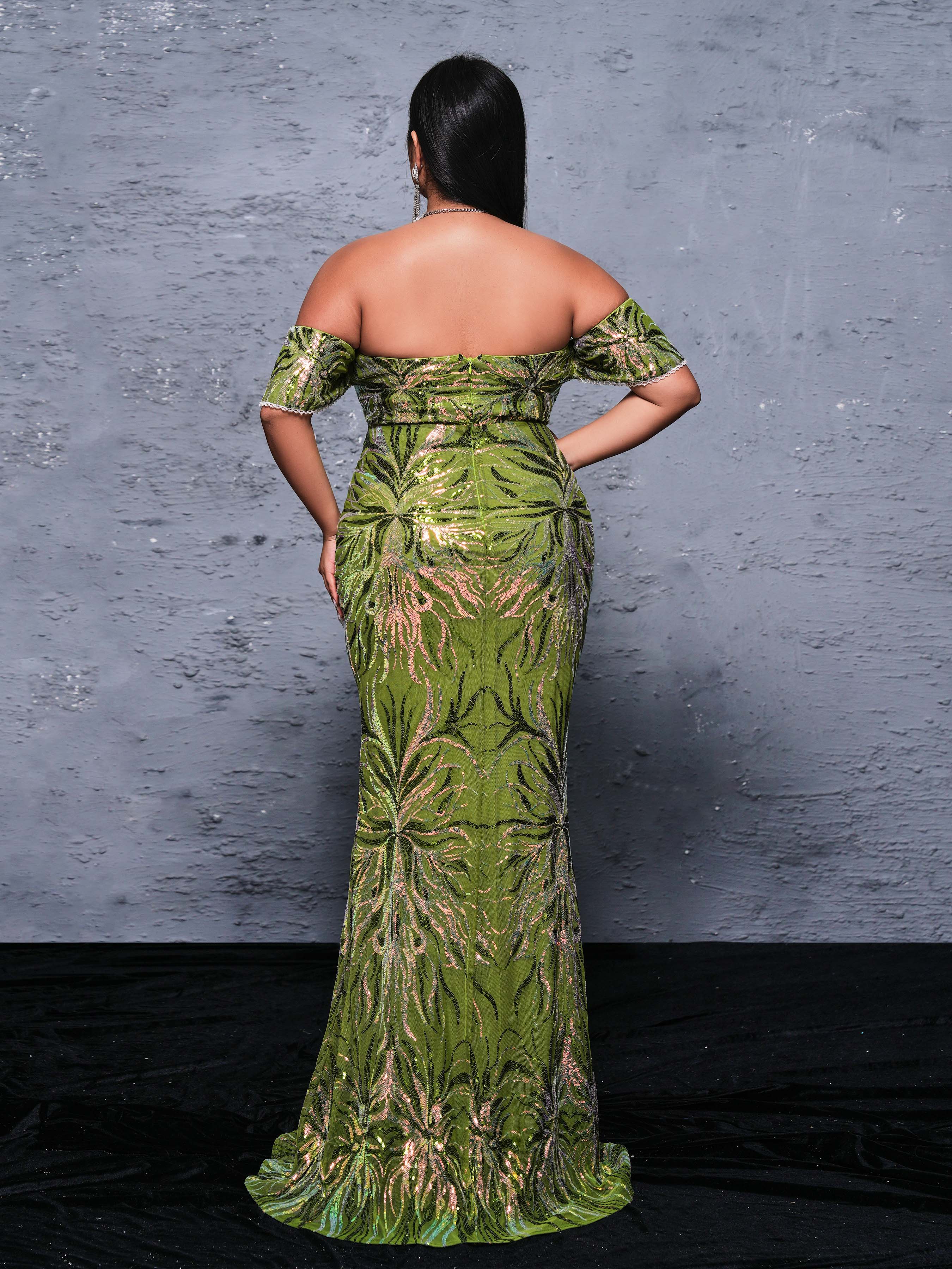 Plus Off Shoulder Florid Mermaid Sequin Dress PRX70076