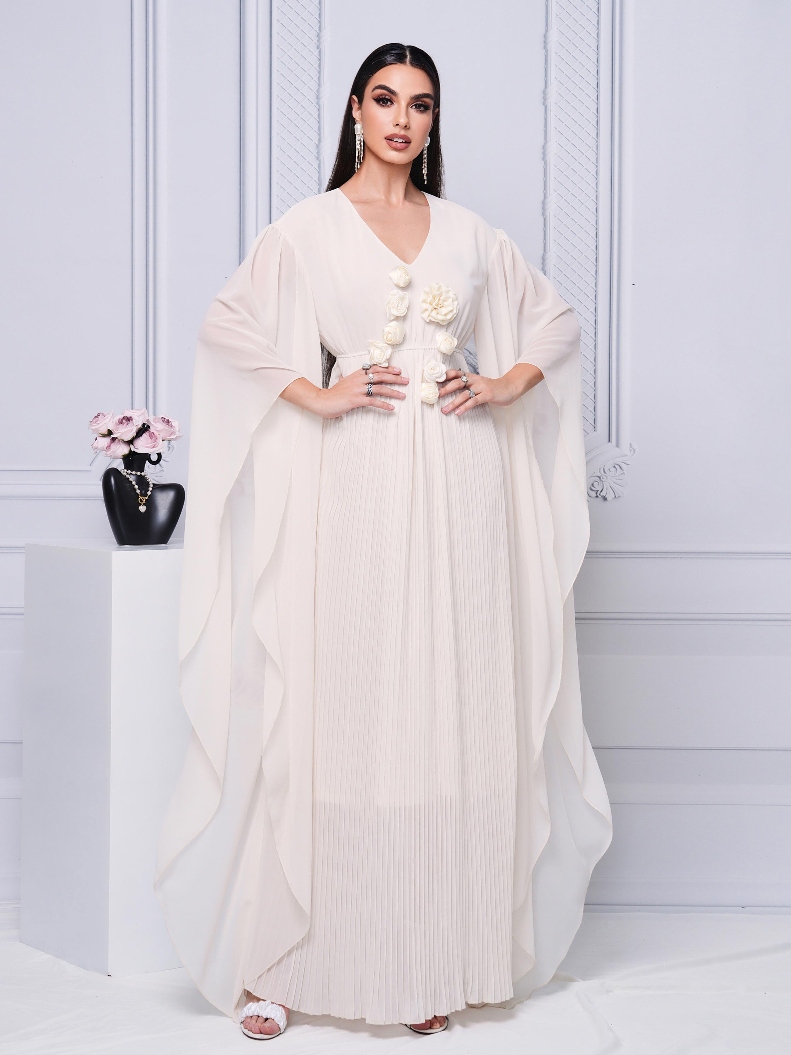 Applique V-neck Irregular Sleeve A-line Dress MES00444