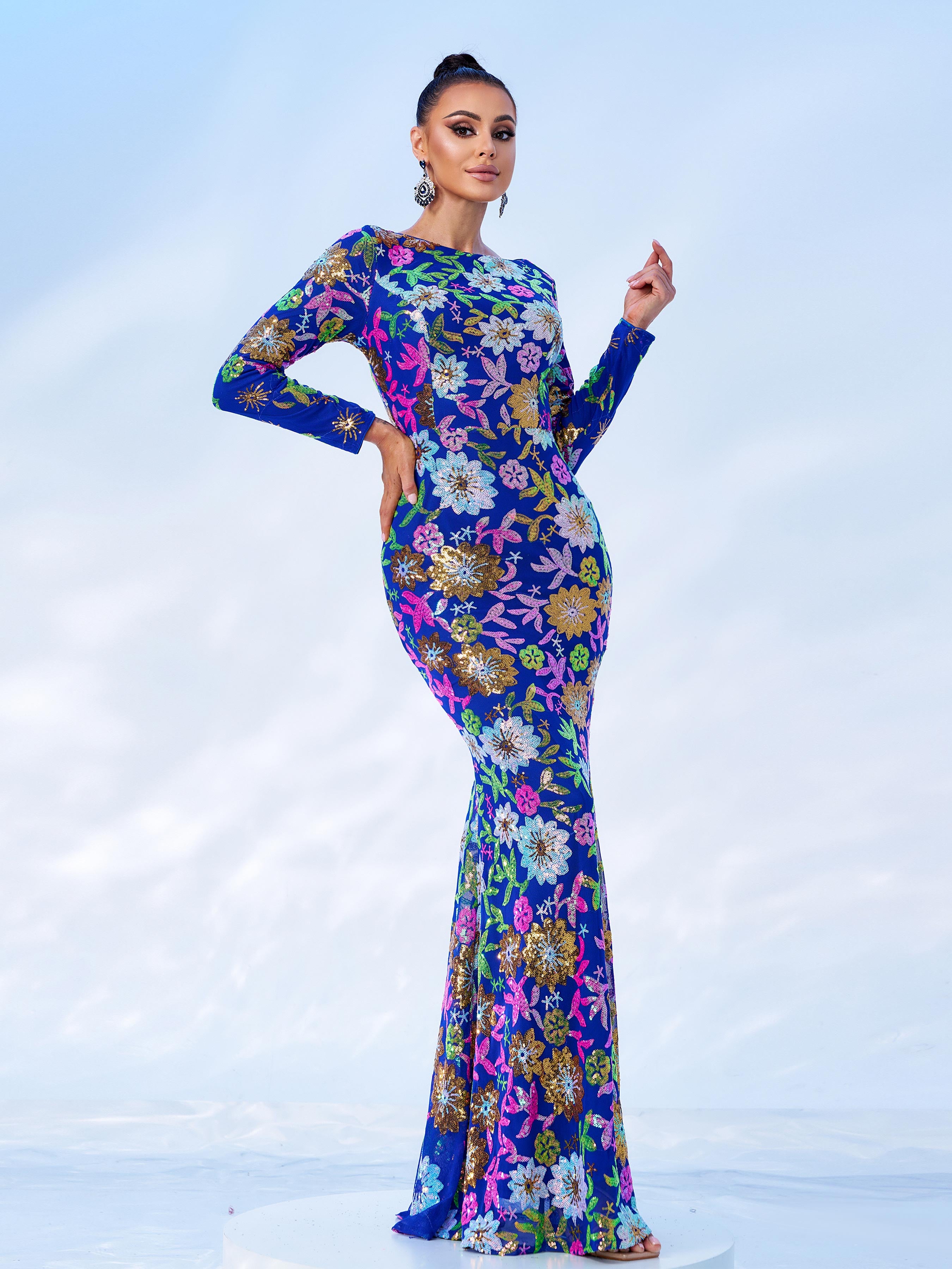 Crew Neck Floral Sequin Dress RJ10987