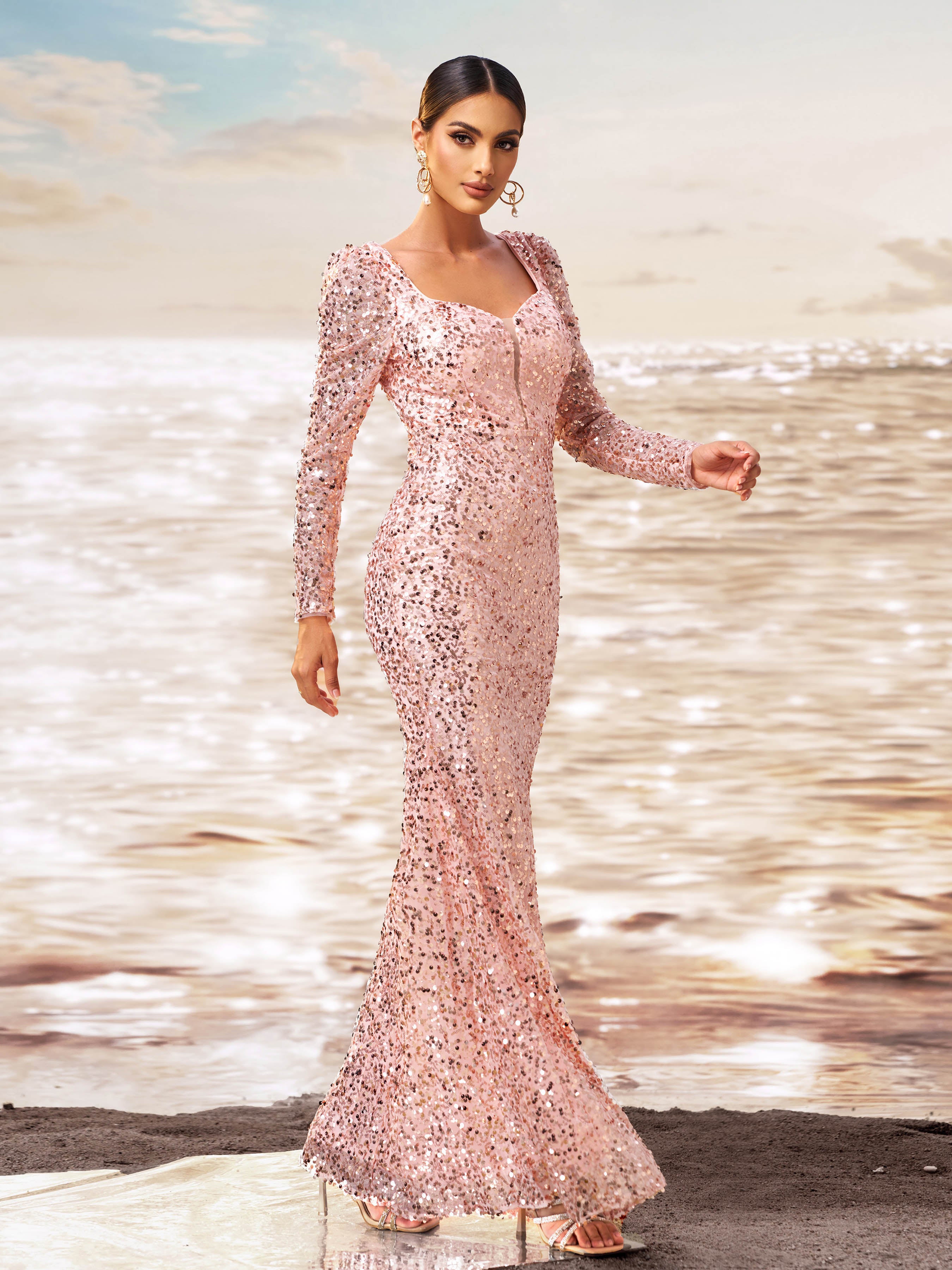 Backless Deep V Neck Long Sleeve Sequin Prom Dress XJ1329