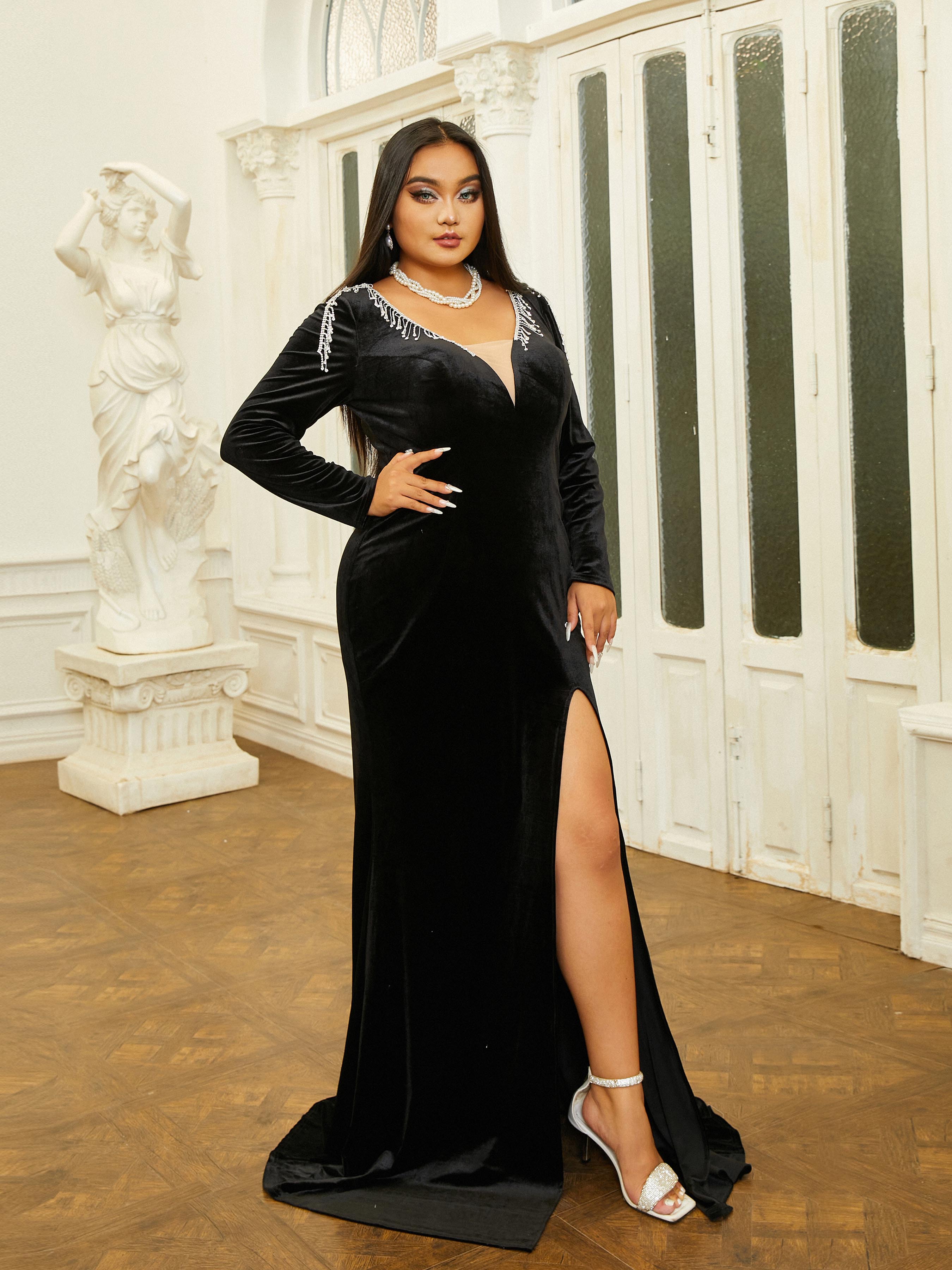 V-neck Velvet Split Black Long Sleeve Dress RH30698