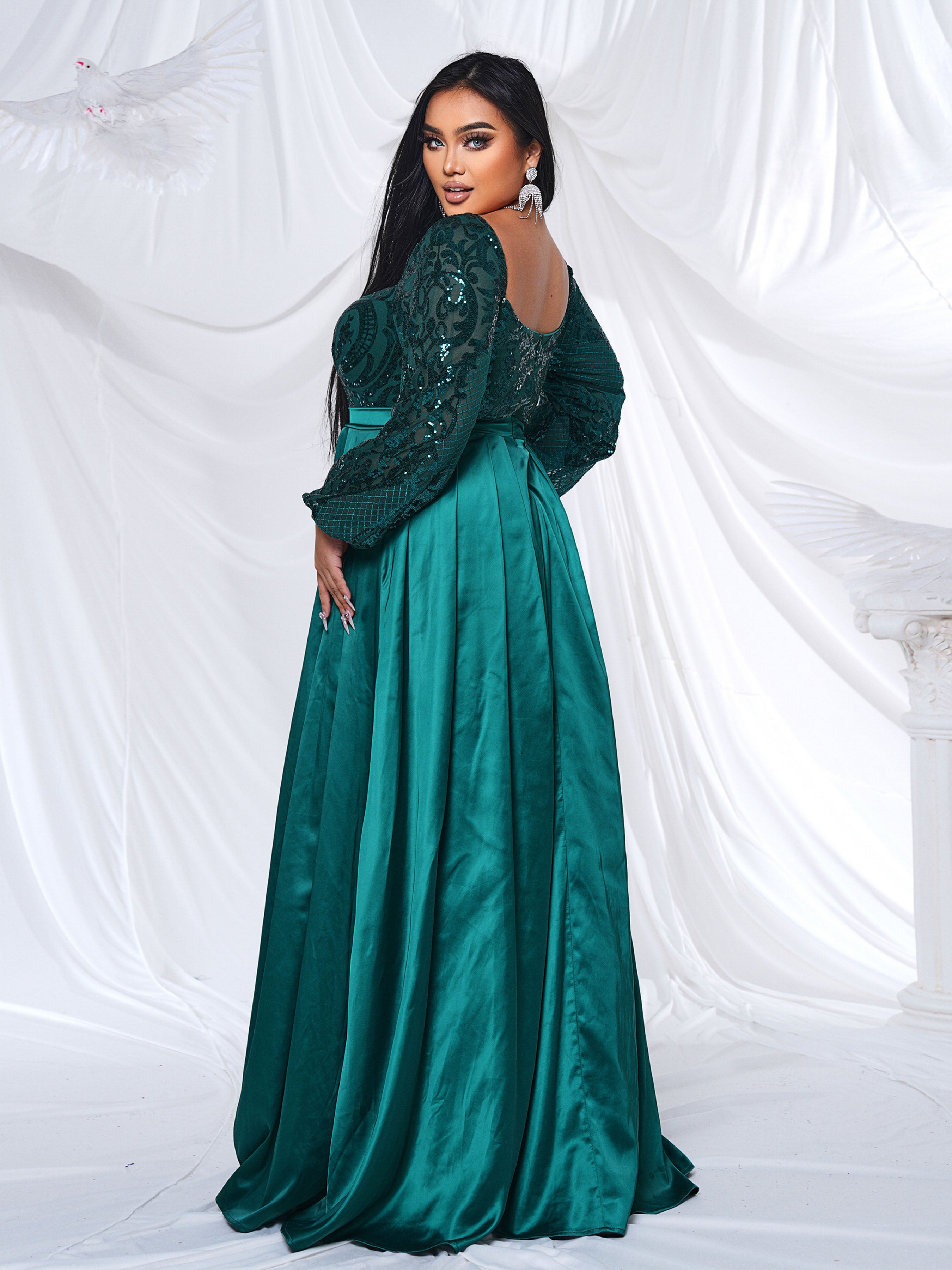 Plus Square Neck A-line Panel Satin Dress PRM21124