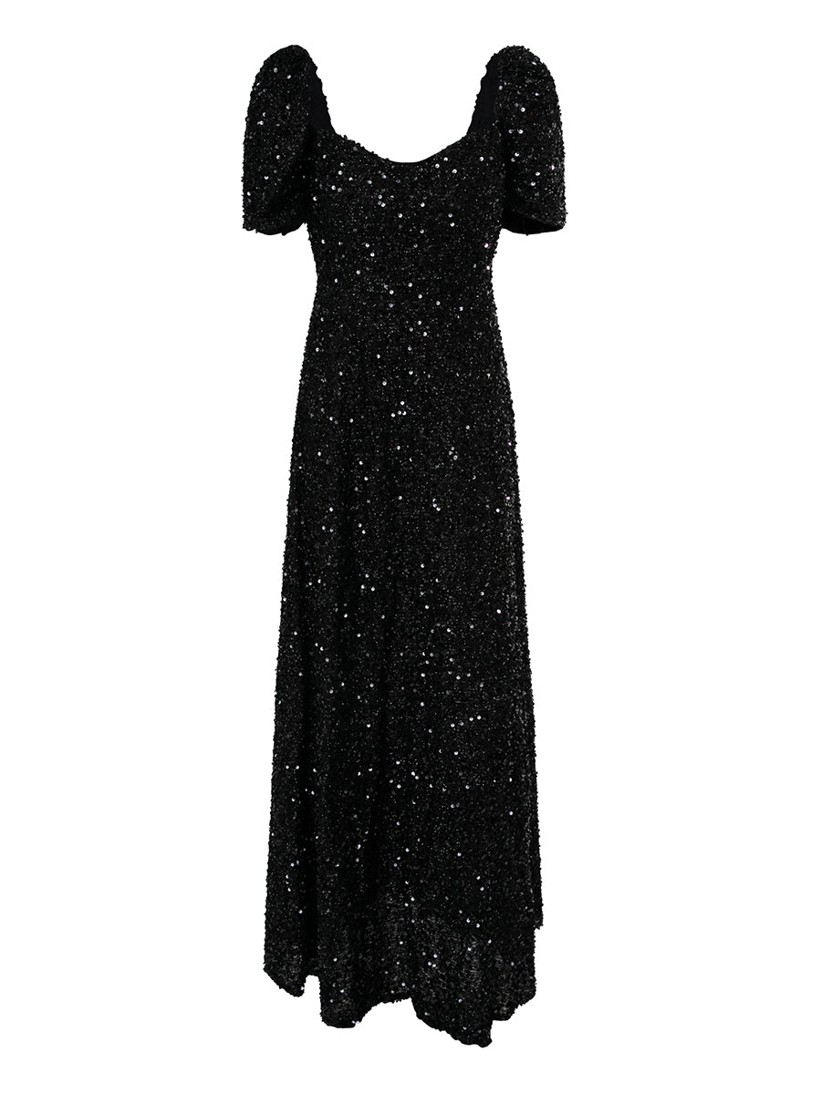 Light Yellow Puff Sleeve Sequin Maxi Dress XJ1509