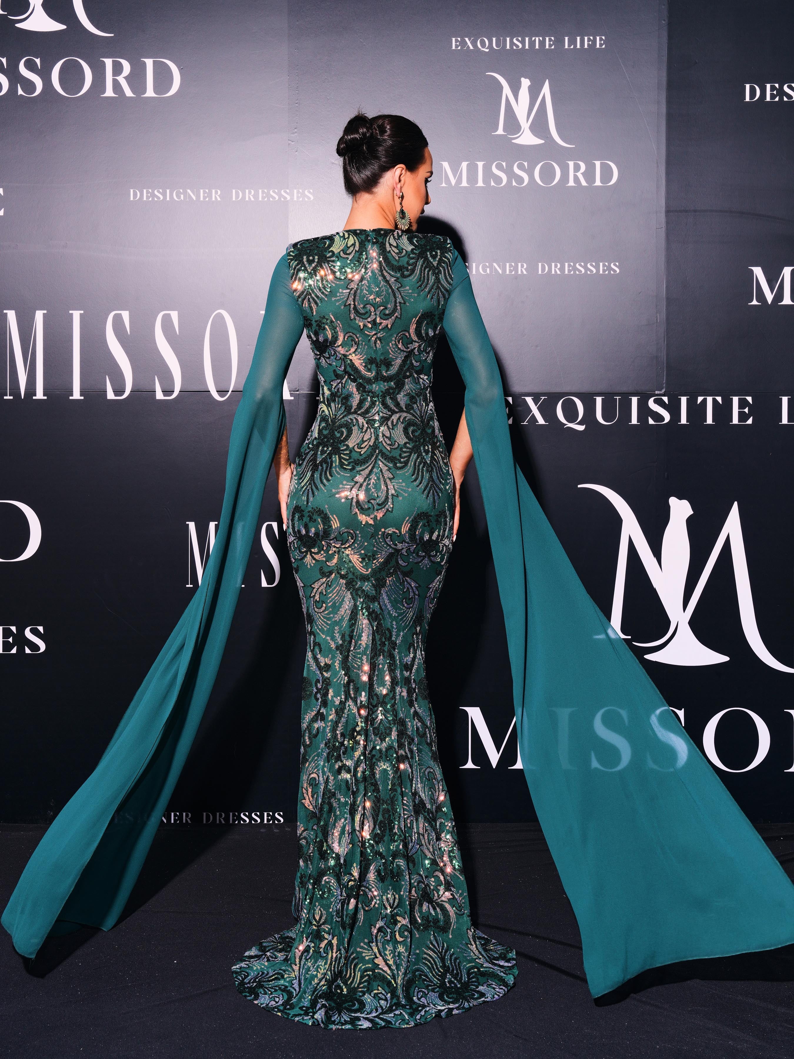 Cape Sleeve Floral Sequin Formal Dress RM21227