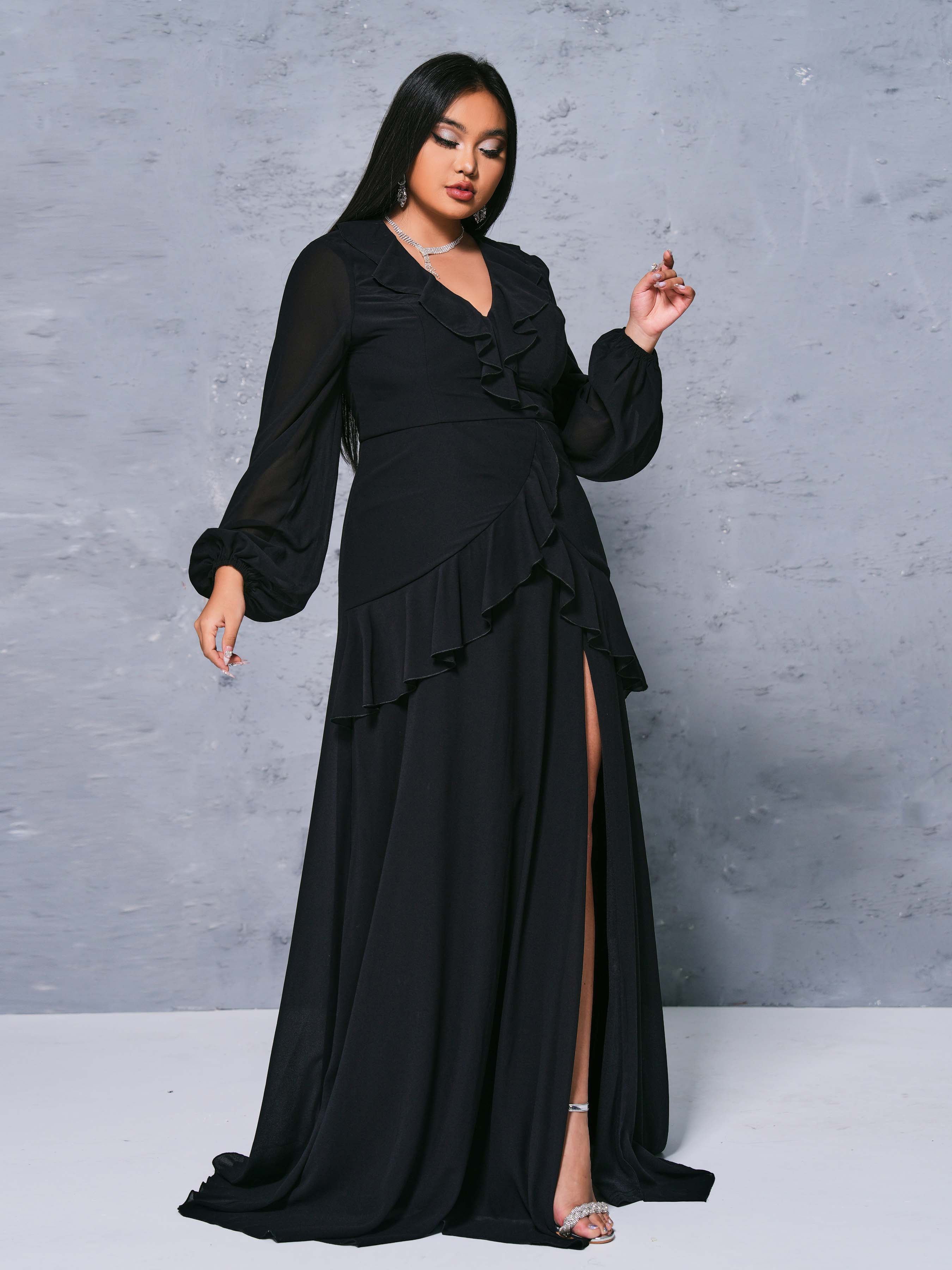 Plus V-neck Ruffled High Split Formal Dress PRH30615