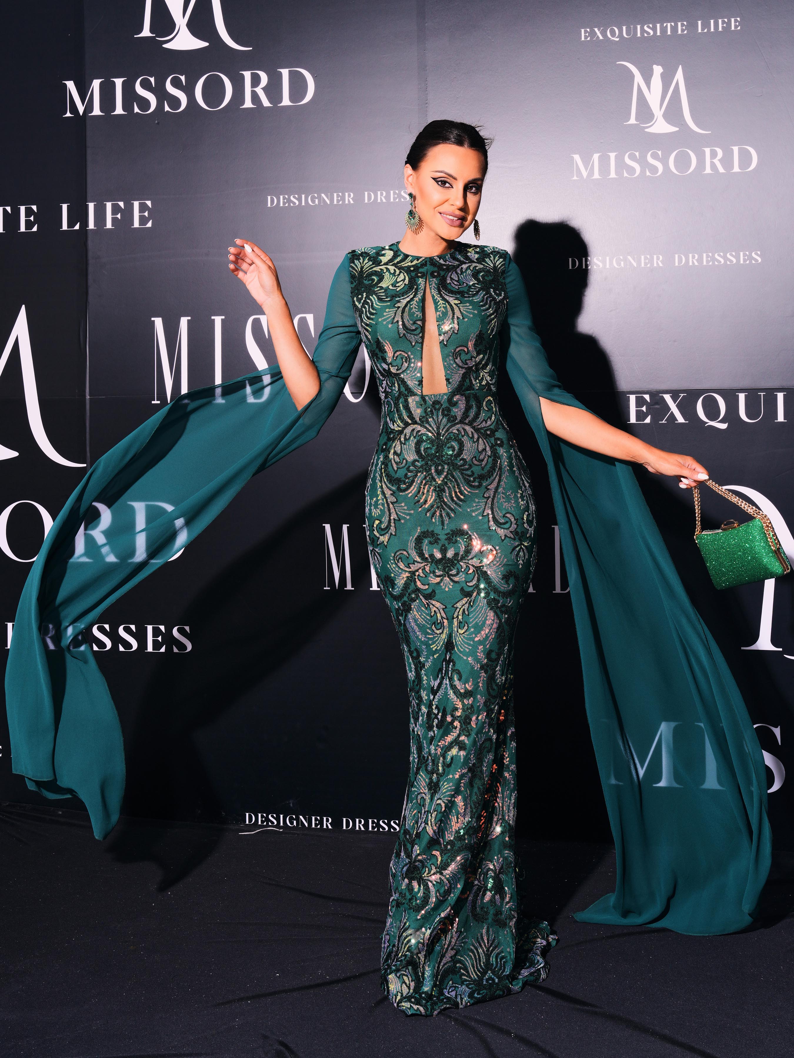 Cape Sleeve Floral Sequin Formal Dress RM21227