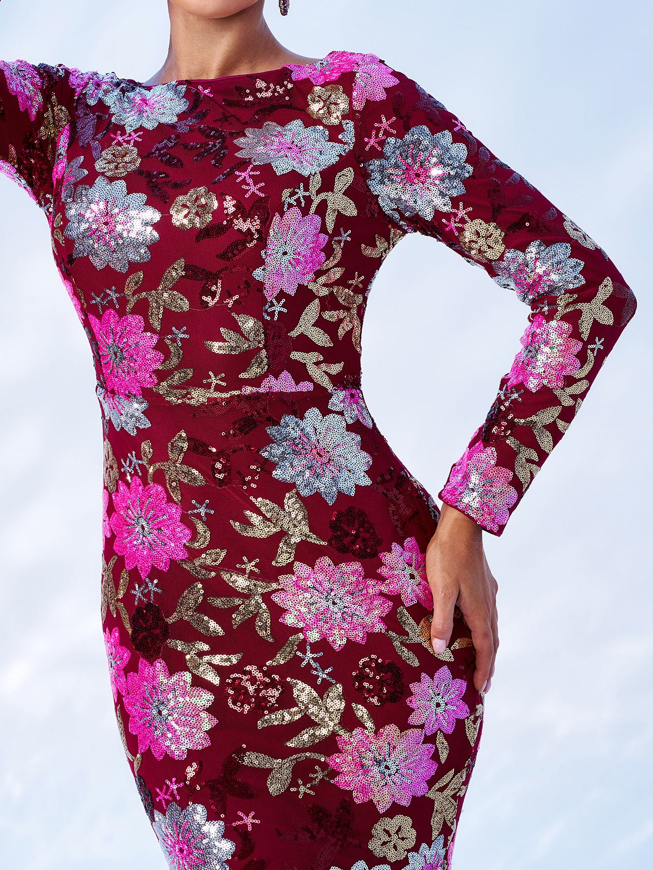 Crew Neck Floral Sequin Dress RJ10987