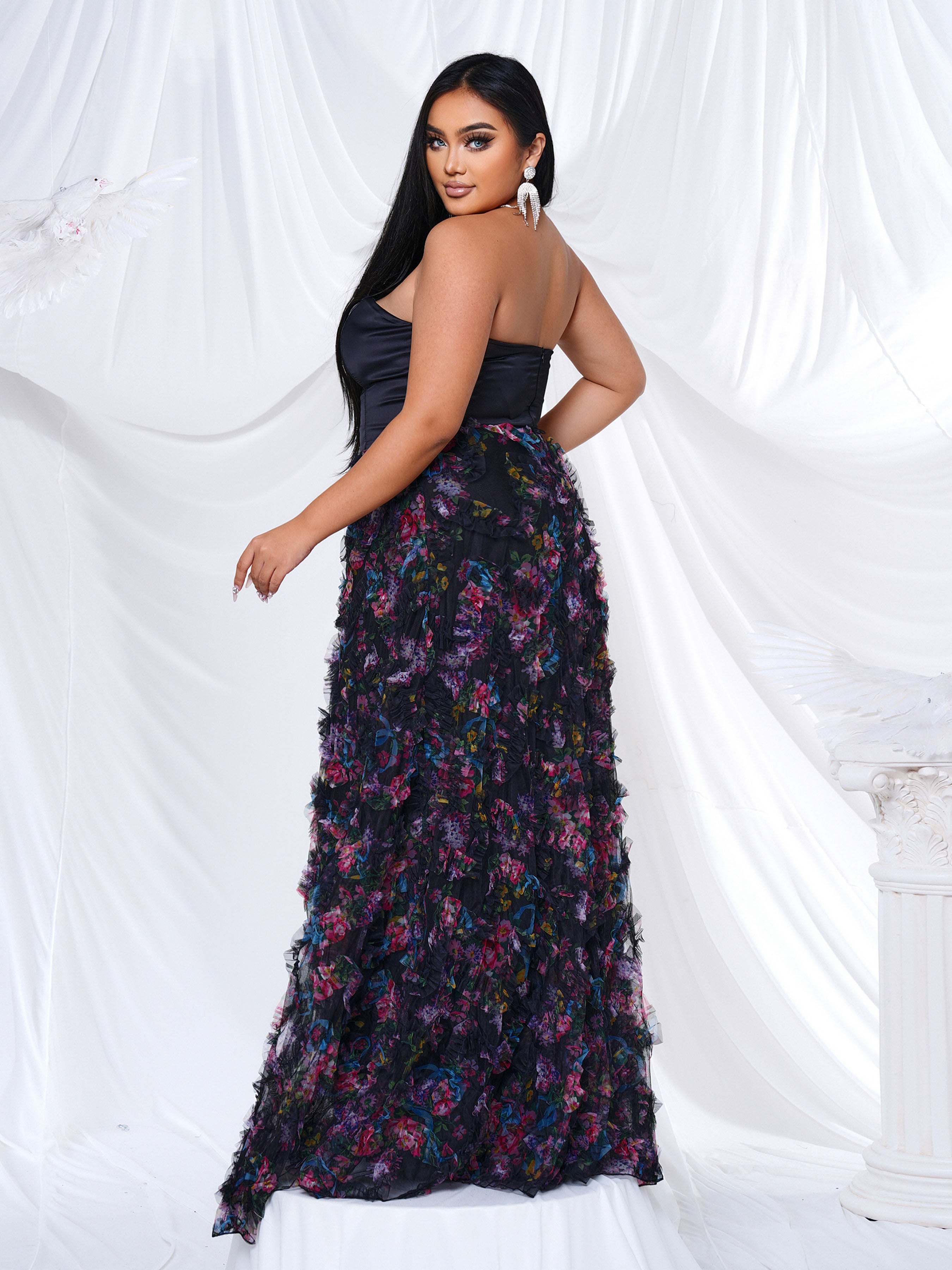 Plus Strapless Sleeveless Floral Tulle Dress PRH30943