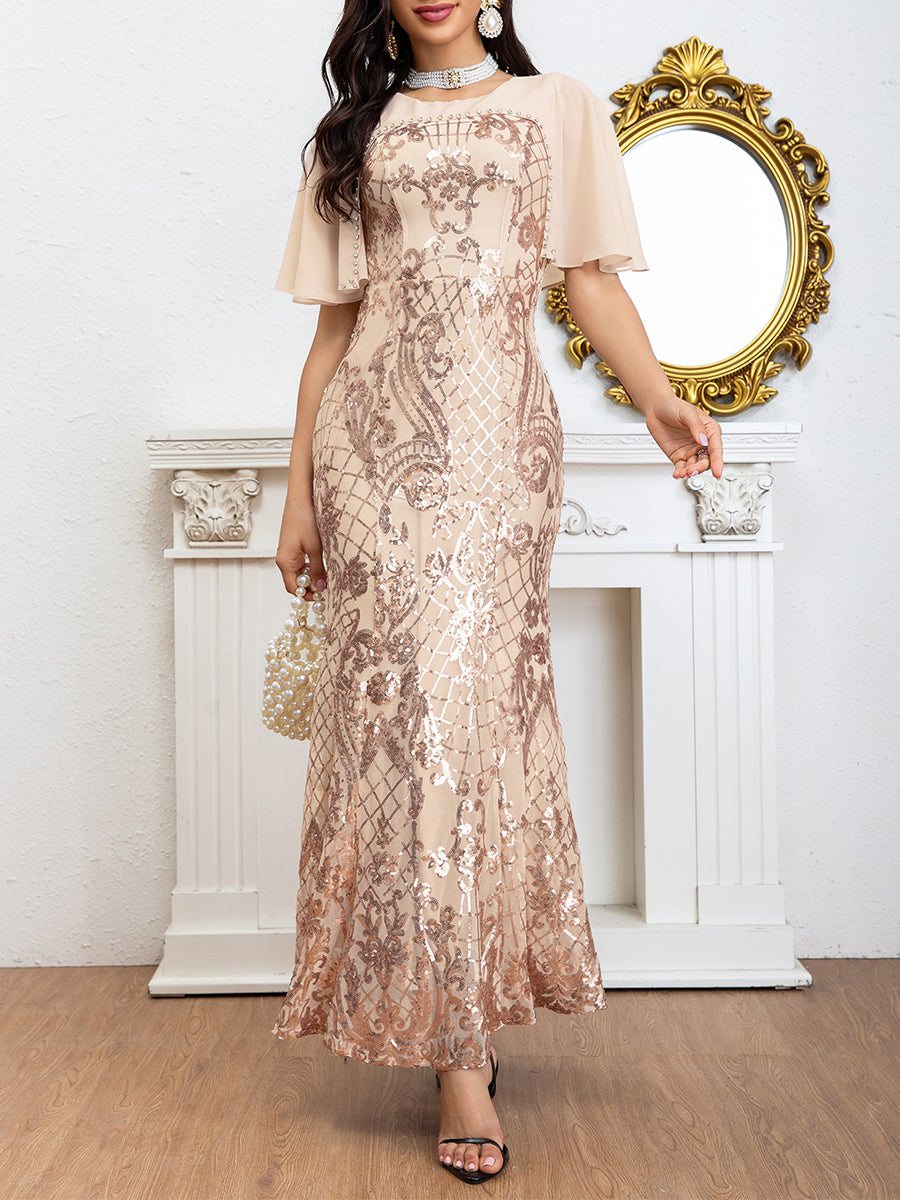 Apricot Cape Sequin A-line Prom Dress MCW1096