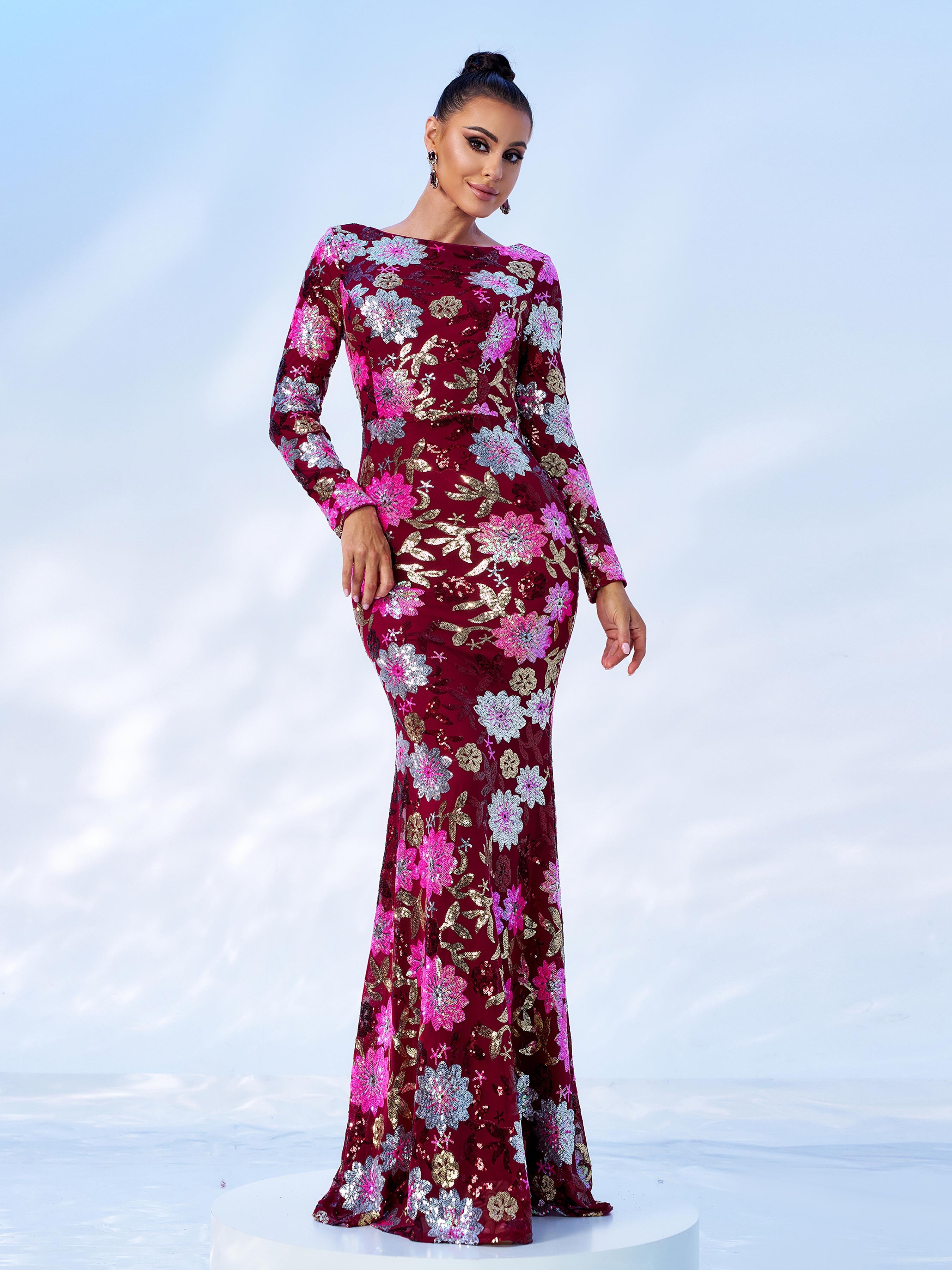 Crew Neck Floral Sequin Dress RJ10987