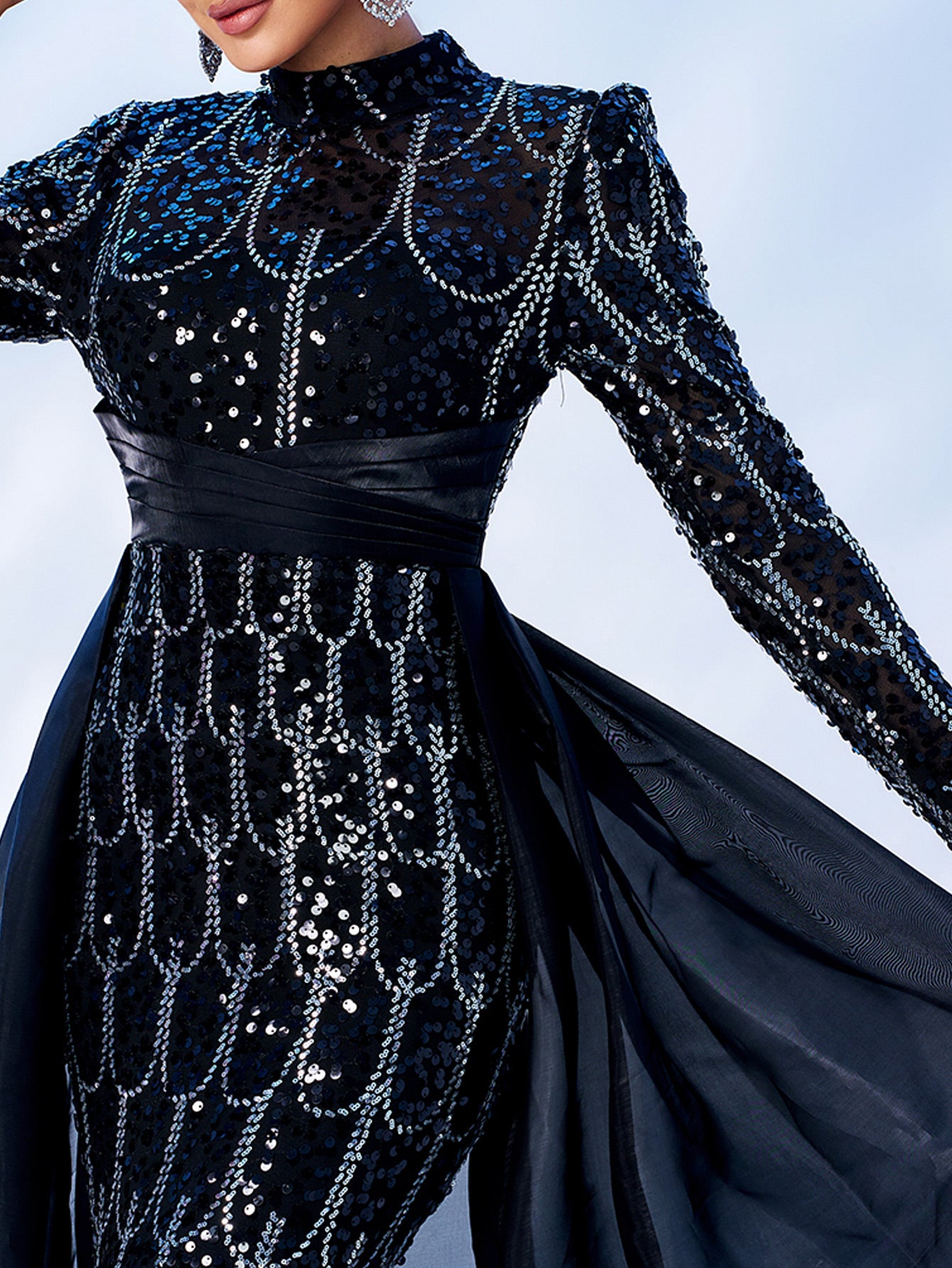 Black Sequin Long Sleeve Cape Evening Dress GM00439