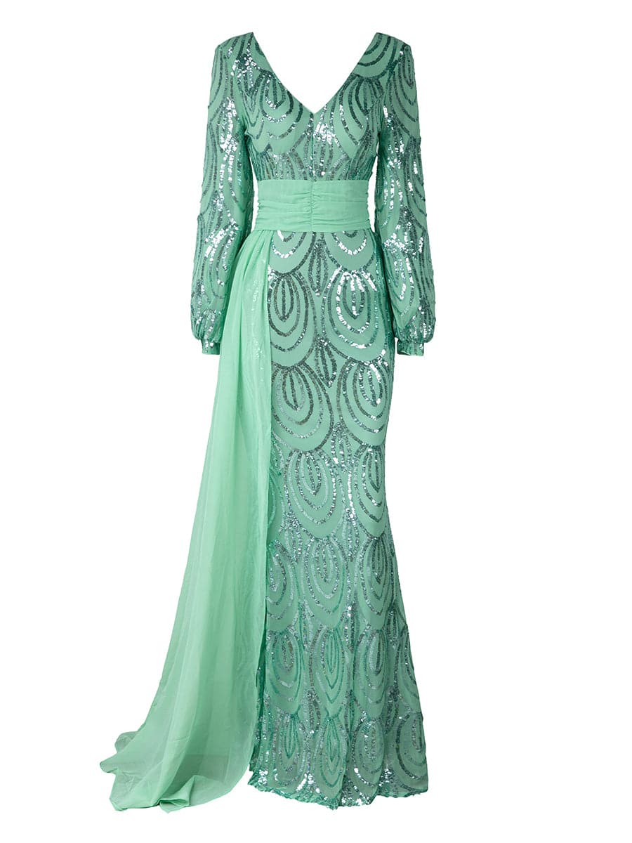 Formal Draping Sequin Long Sleeve Dress XJ1524