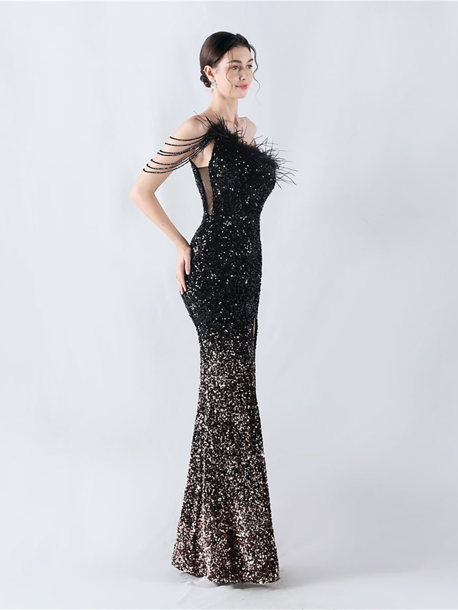 Feather Sequin Beads Chain Cocktail Dress MCW1007