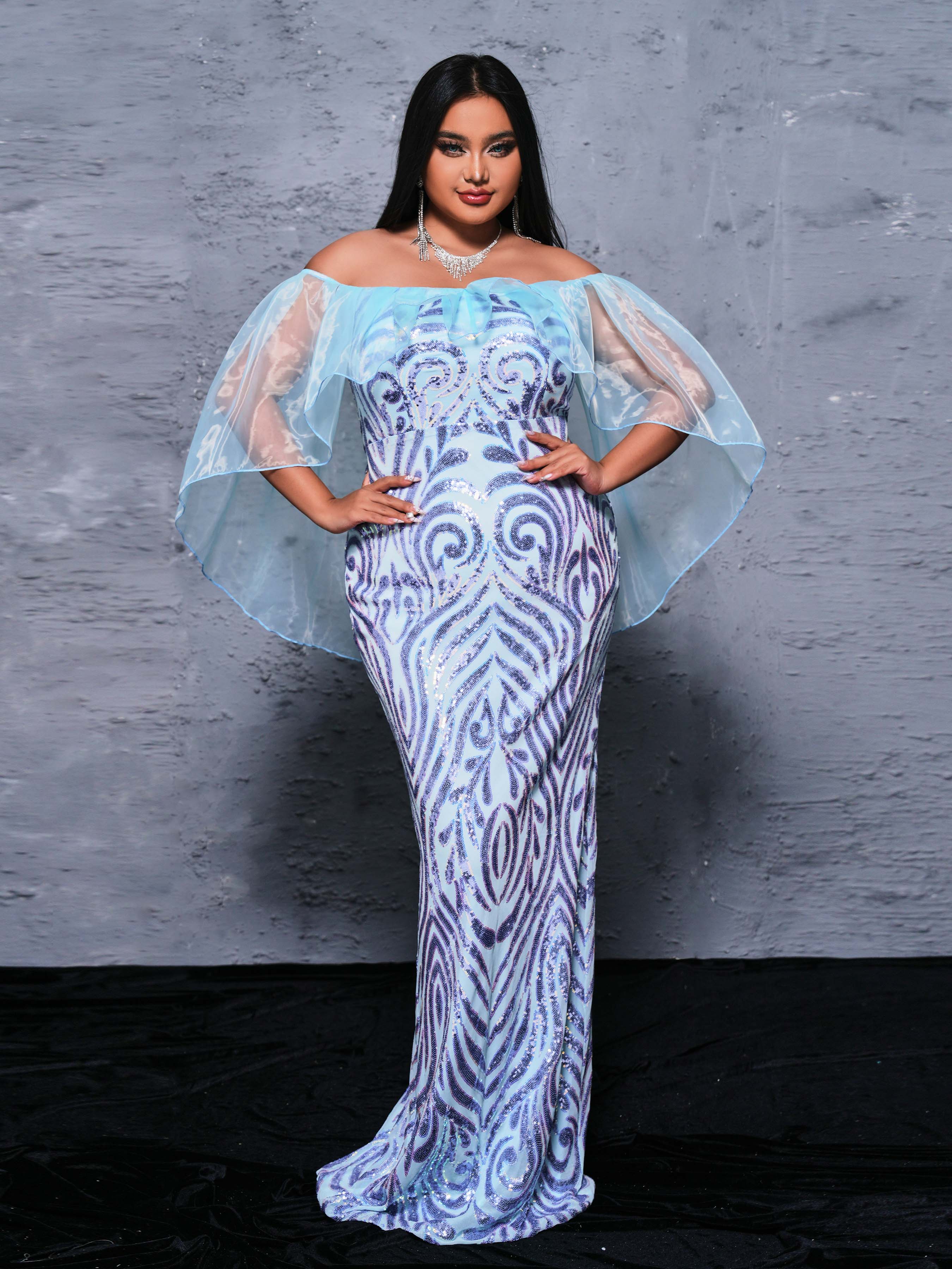 Plus Off Shoulder Panel Sequin Dress PRX70031