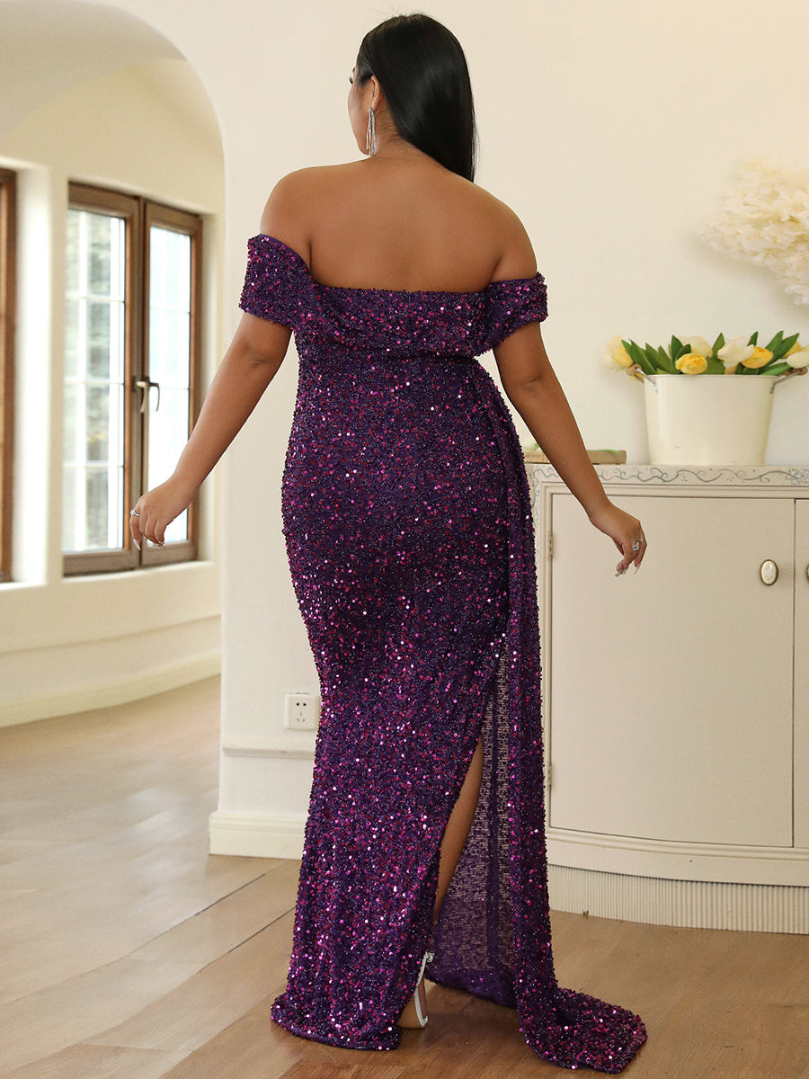 Plus Off Shoulder Draped Sequin Prom Dress PXH2132