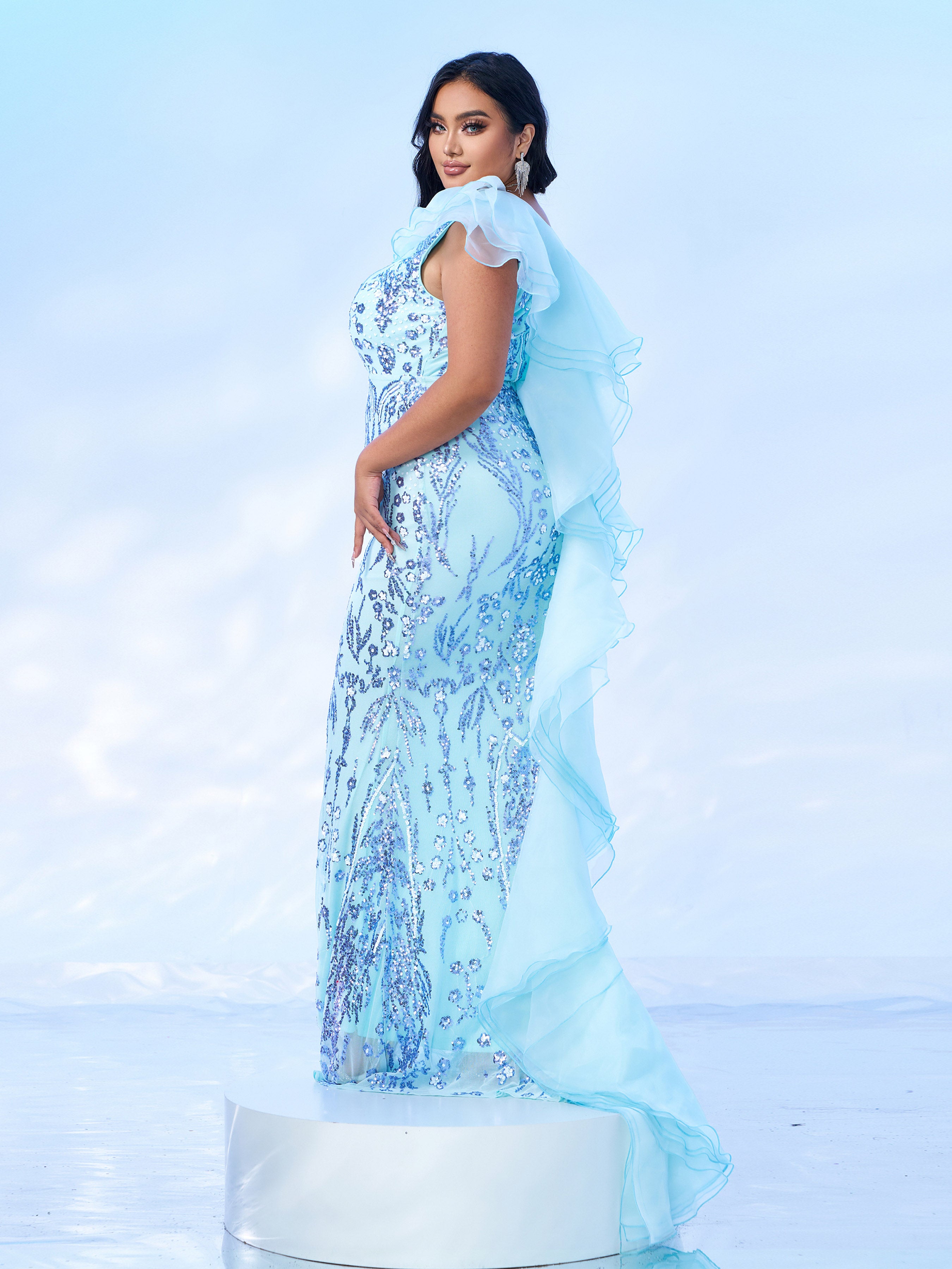 Plus Off Shoulder Ruffled Seuqin Mermaid Prom Dress PRX70231