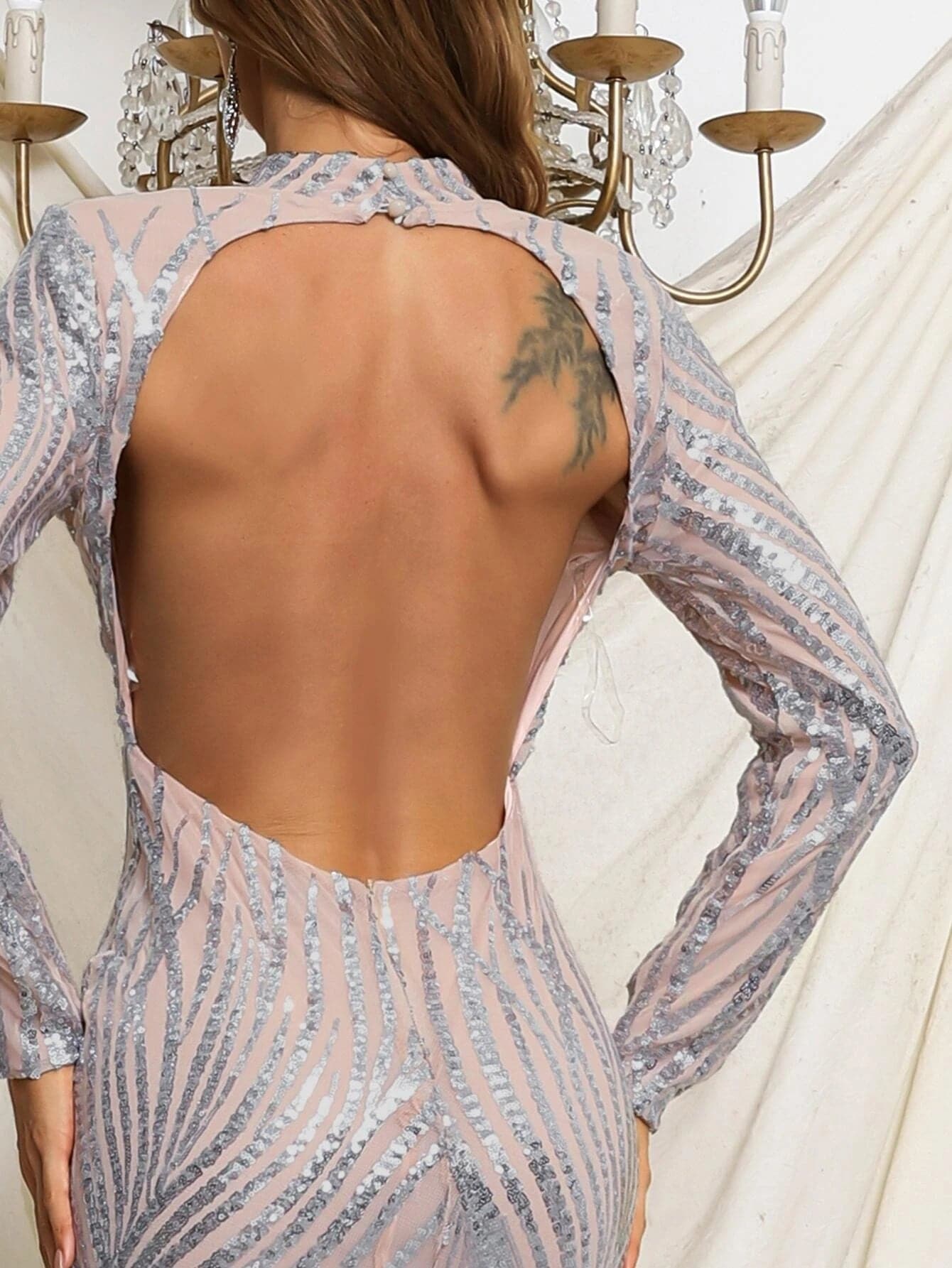 Open Back Mermaid Hem Sequin Dress XJ638