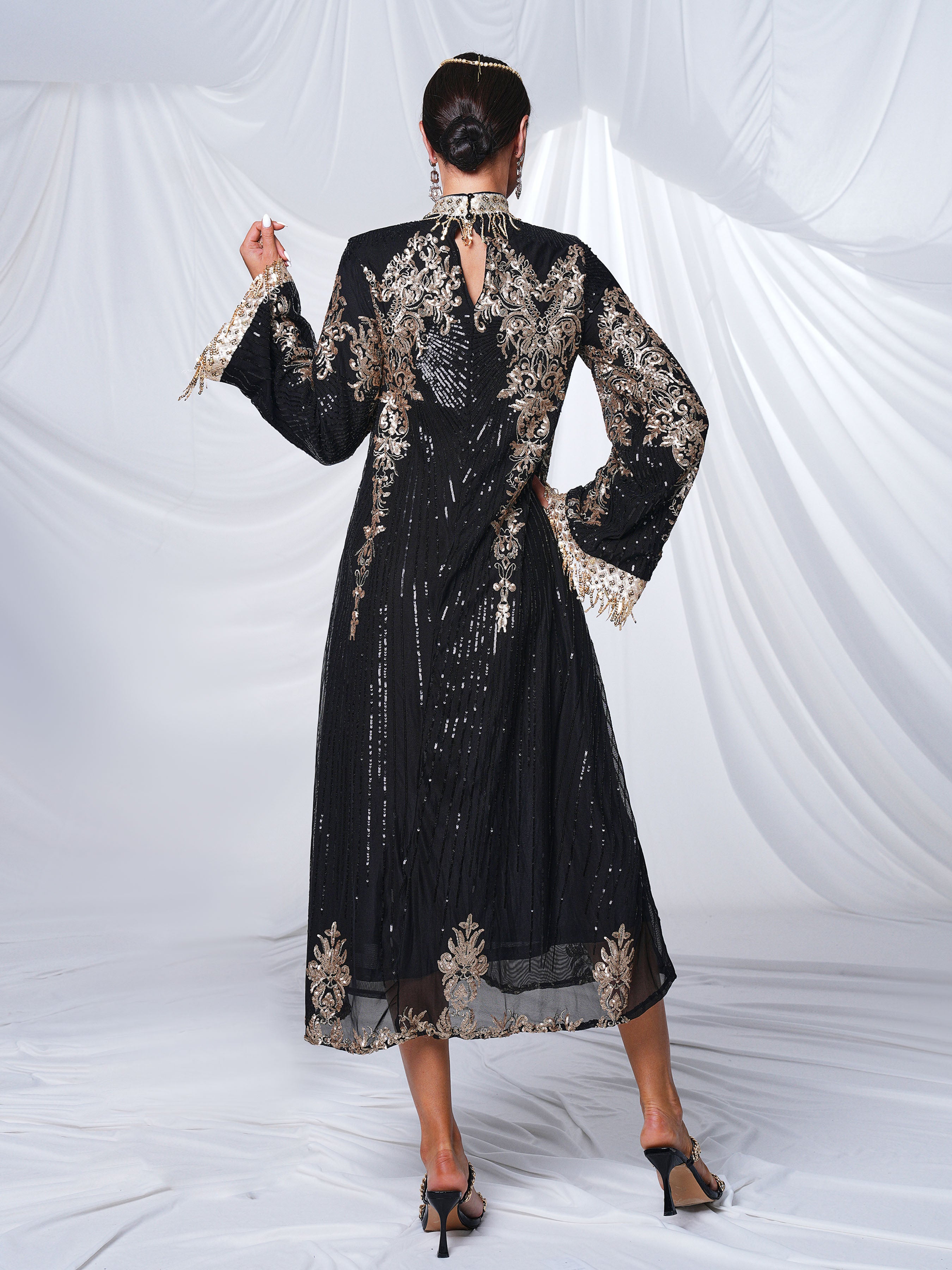 Stand Collar Bell Sleeve Sequin Dress MES00344