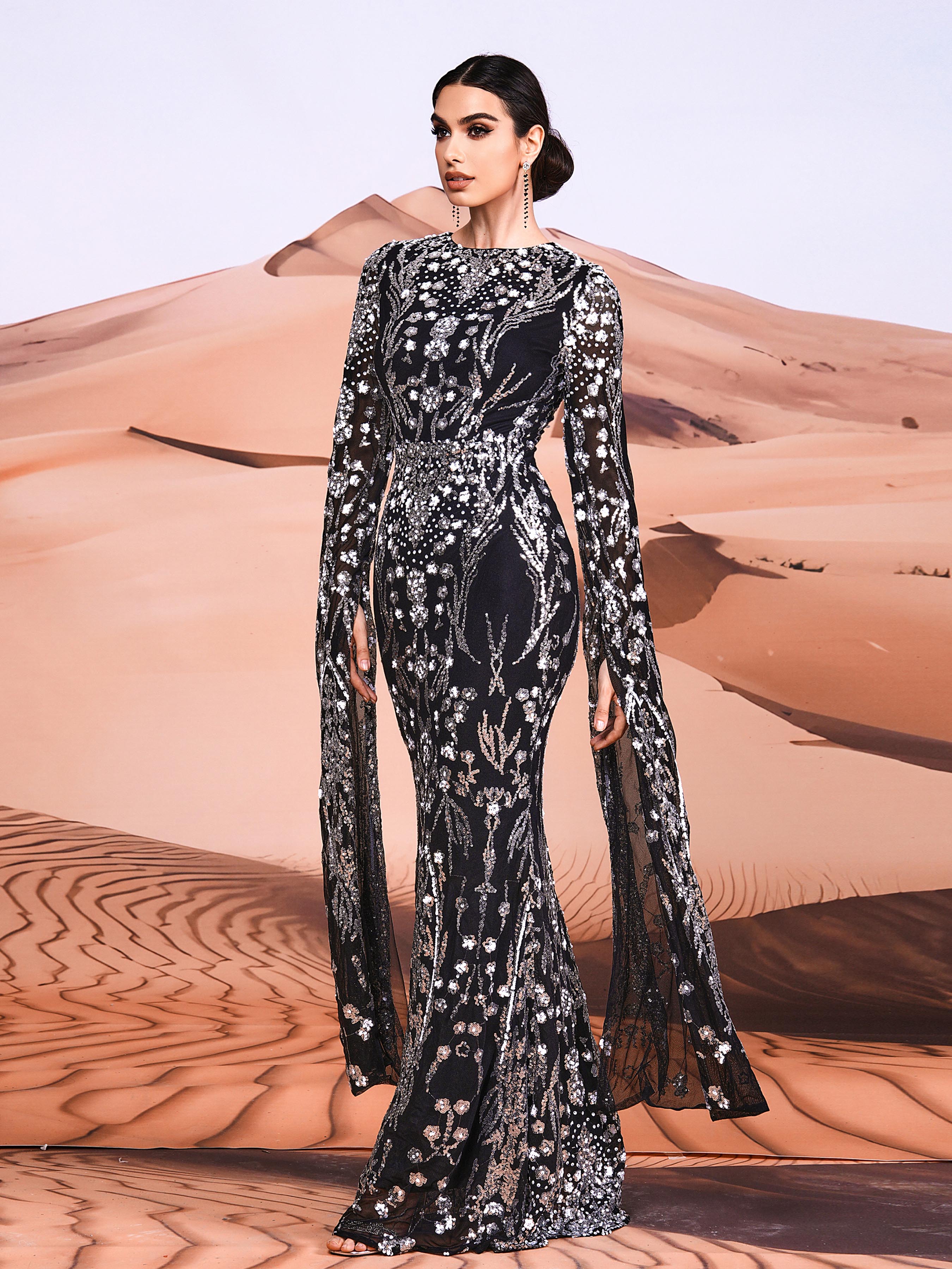 Long Sleeve Mermaid Sequin Maxi Dress MES00404