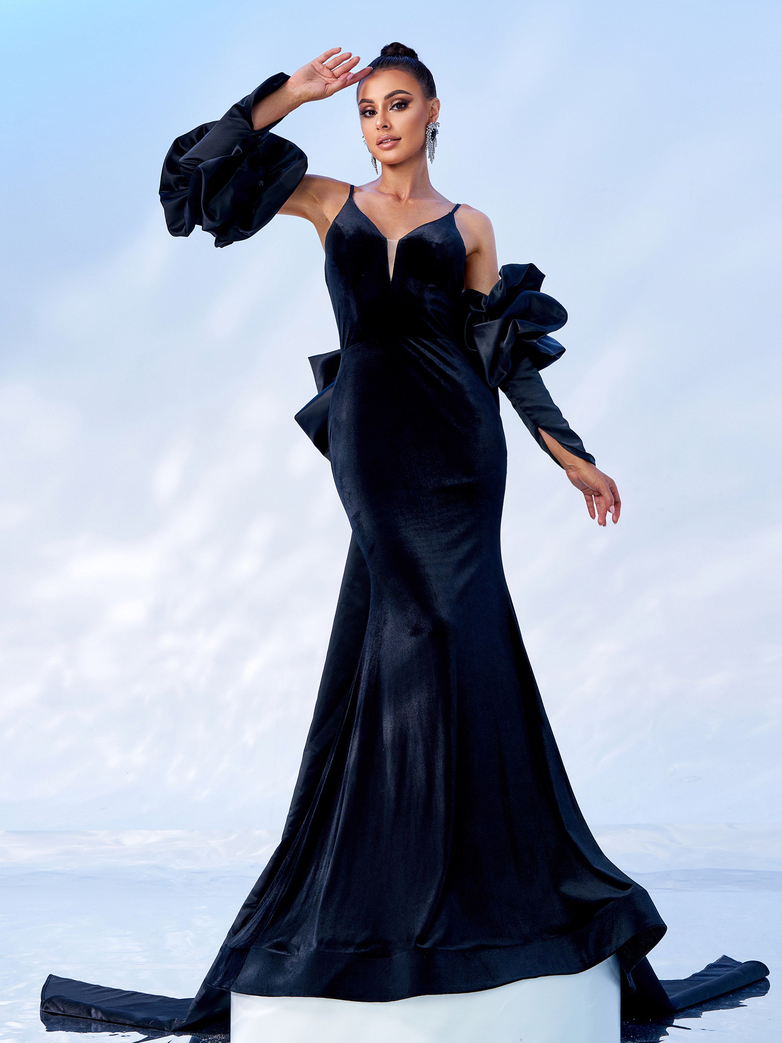 Back Bow Spaghetti Ruffled Evening Dress DH80117