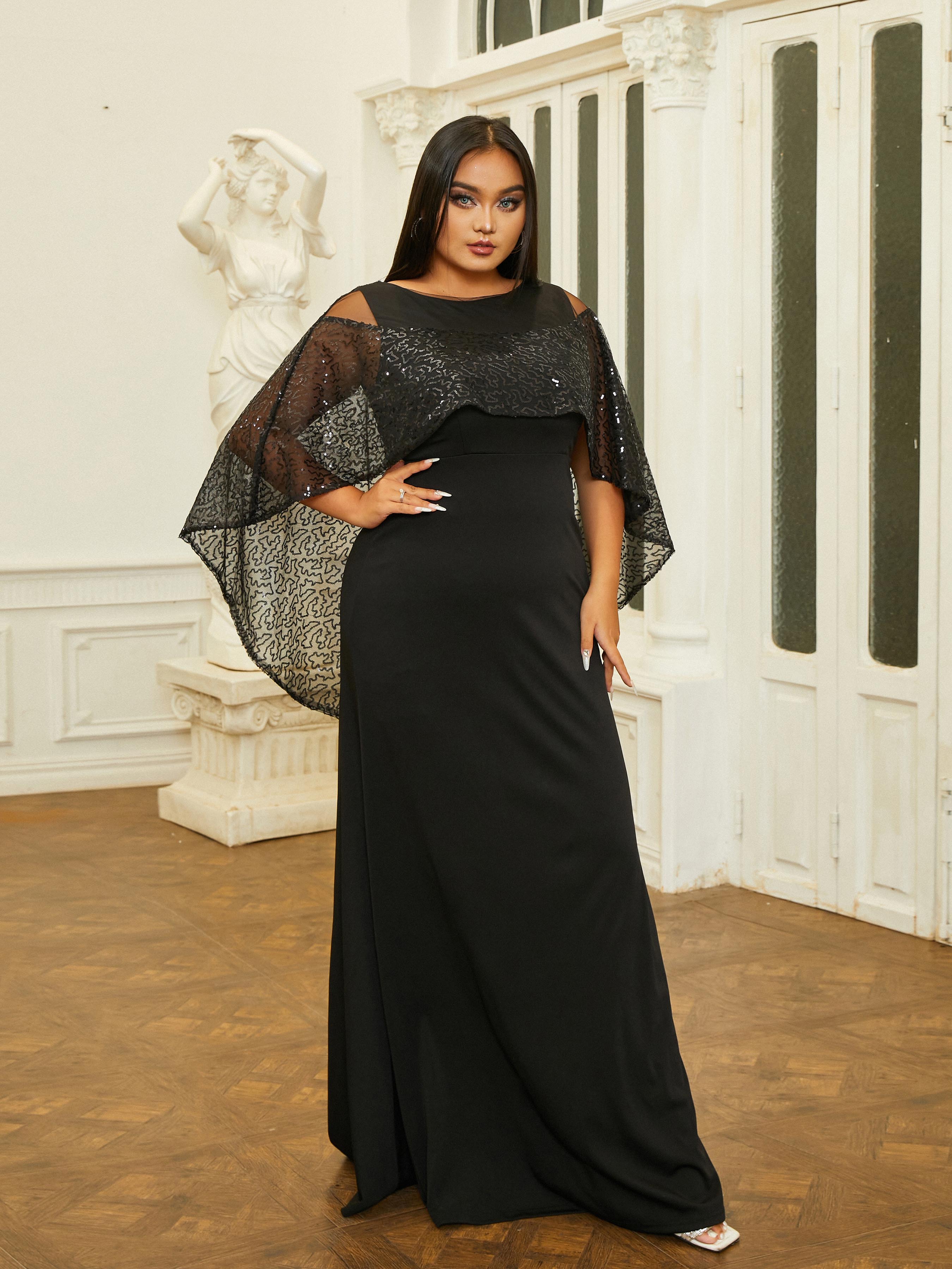 Cloak Sleeve Black Knit Maxi Dress PRM20808