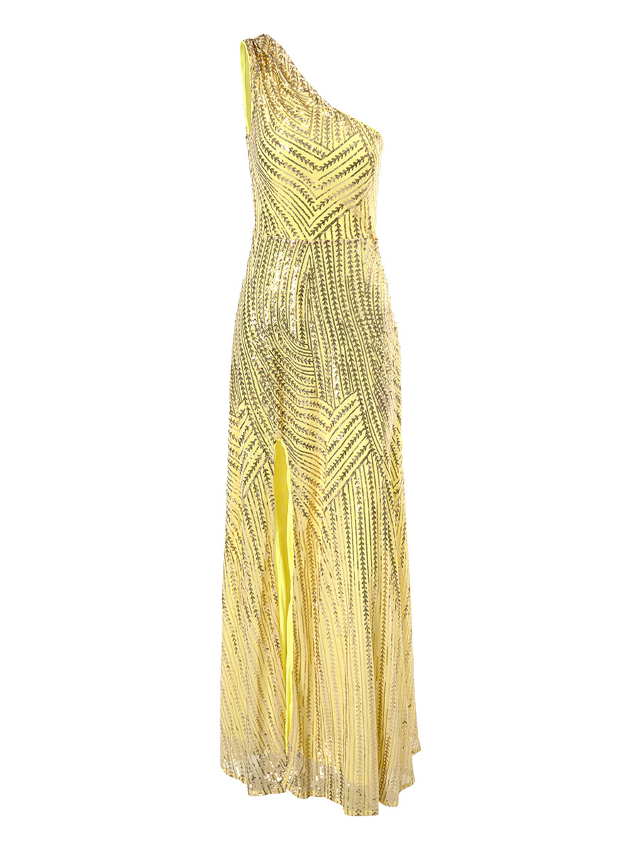 Yellow Sequin One Shoulder Prom Dress XJ1534