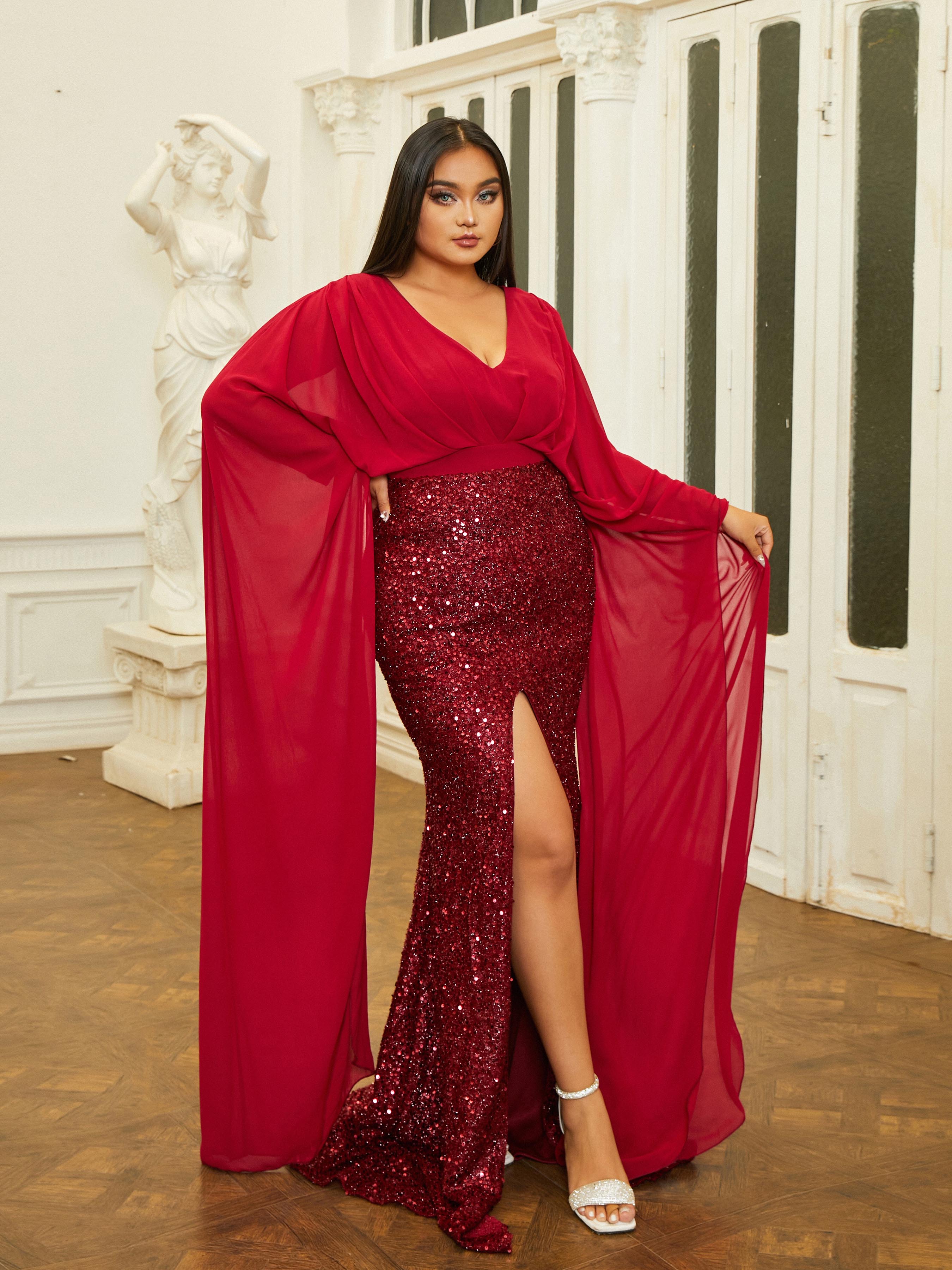 Plus Size Bell Sleeve V-neck High Split Prom Dress PRJ10618