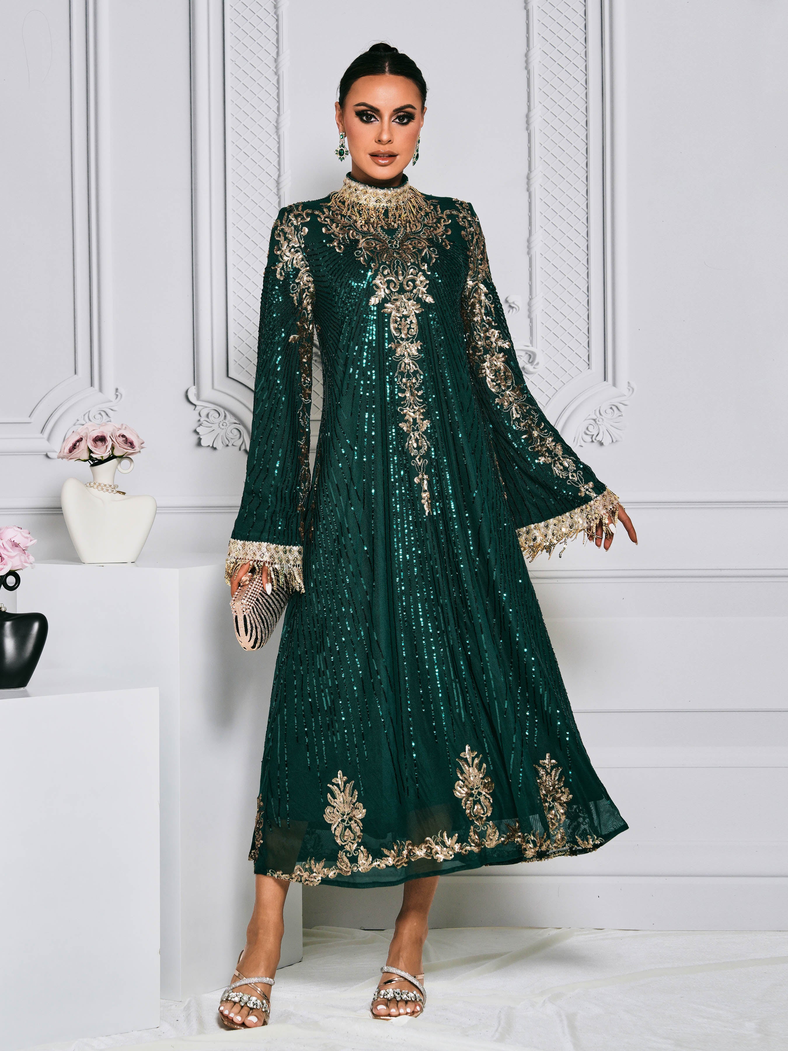 Stand Collar Bell Sleeve Sequin Dress MES00344