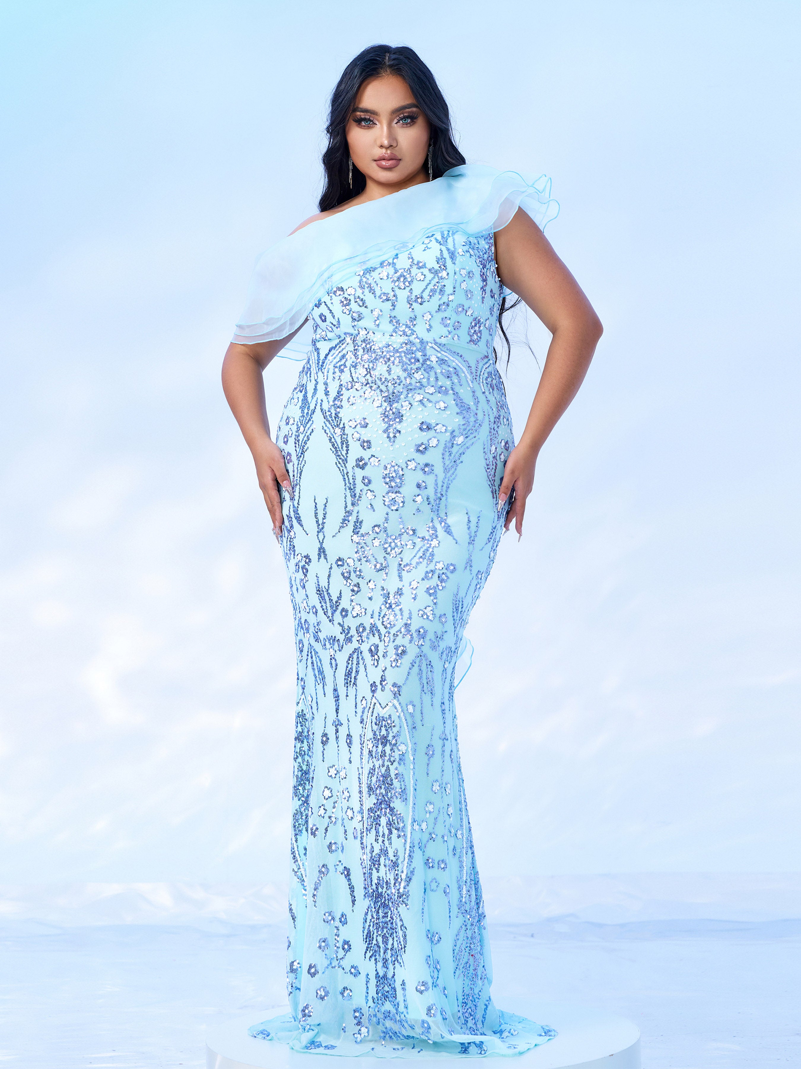 Plus Off Shoulder Ruffled Seuqin Mermaid Prom Dress PRX70231