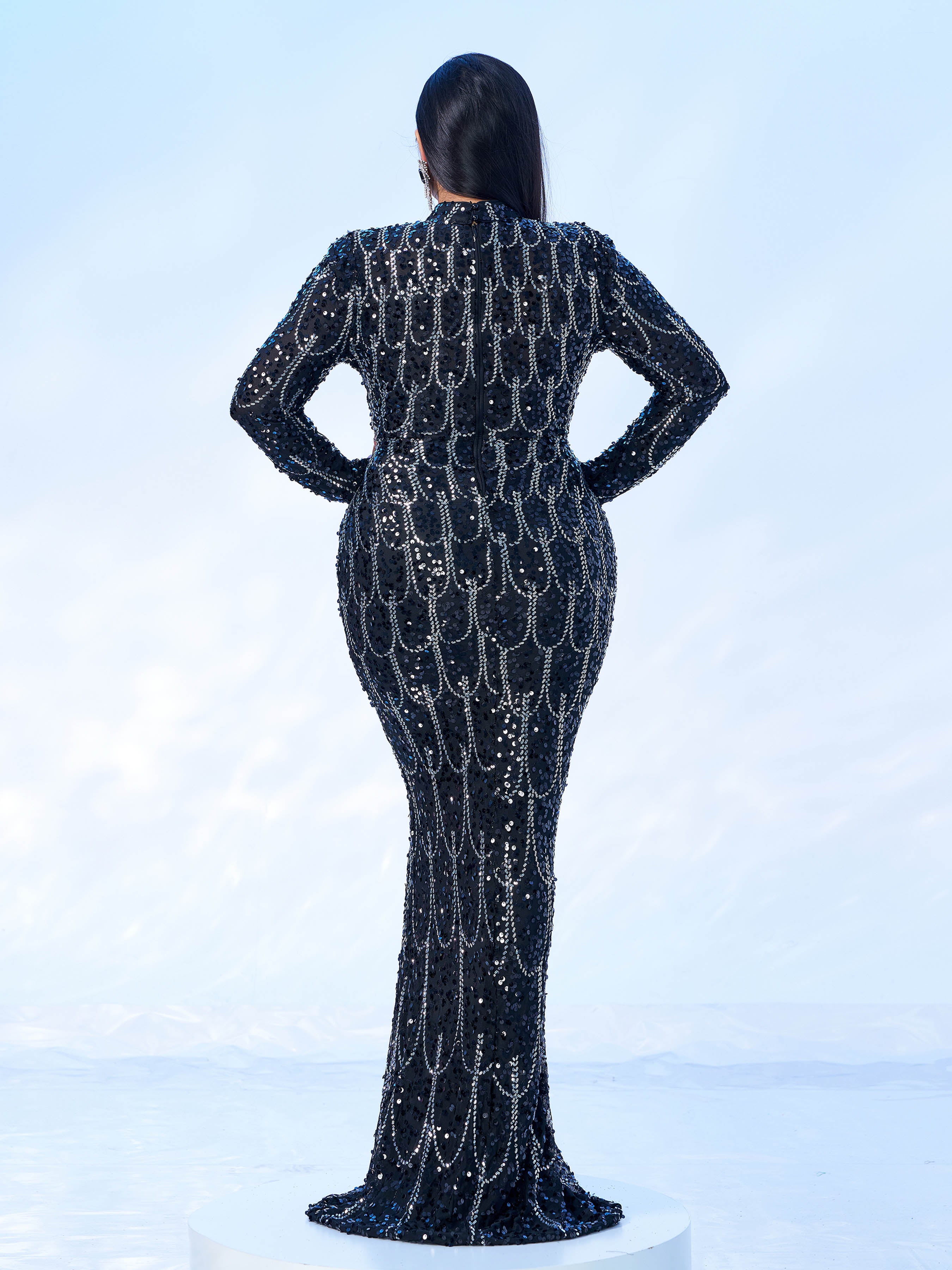 Plus Long Sleeve Sequin Mermaid Prom Dress PGM90122