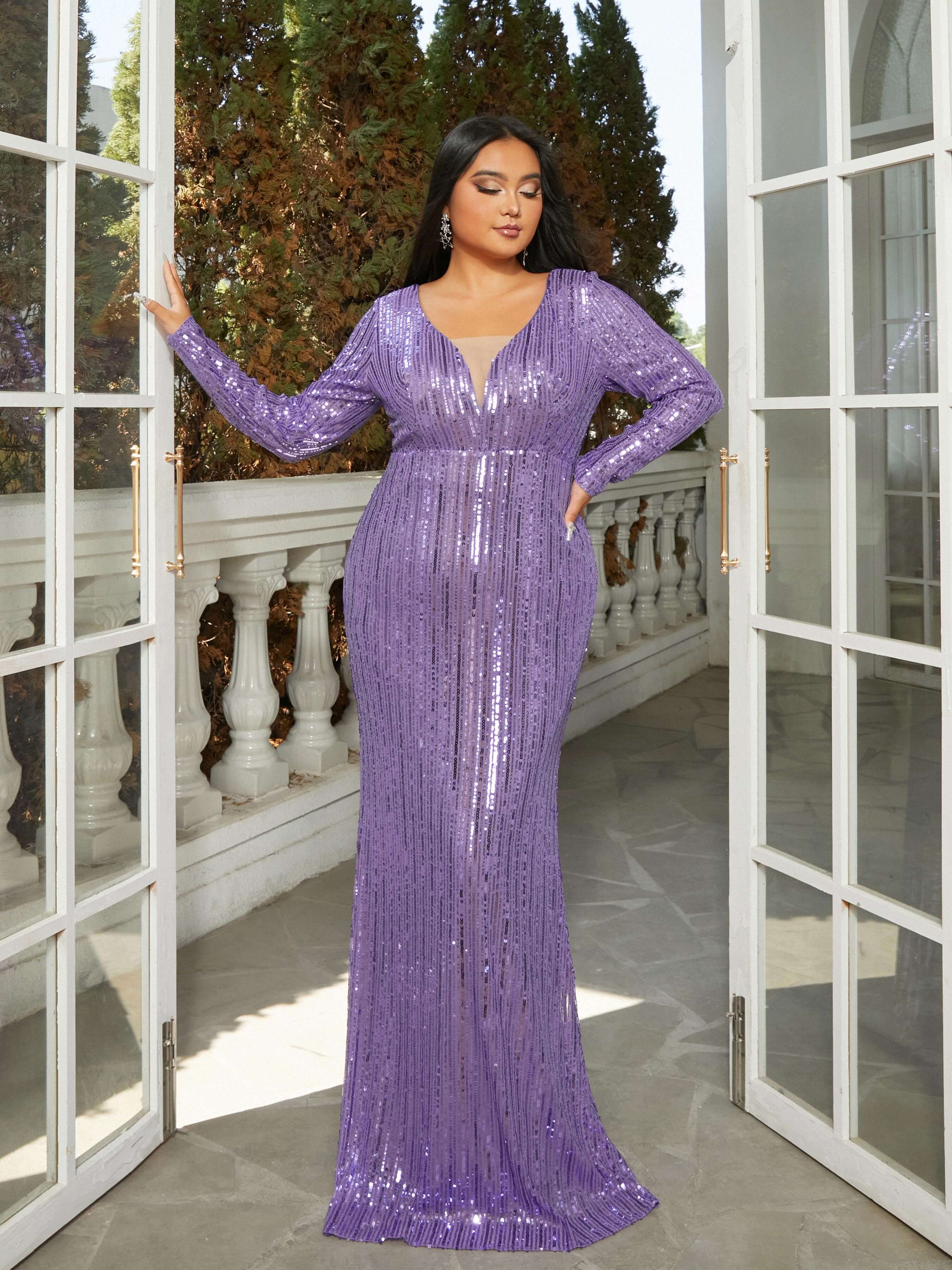 Plus V-neck Sequin Purple Prom Dress PRM21132