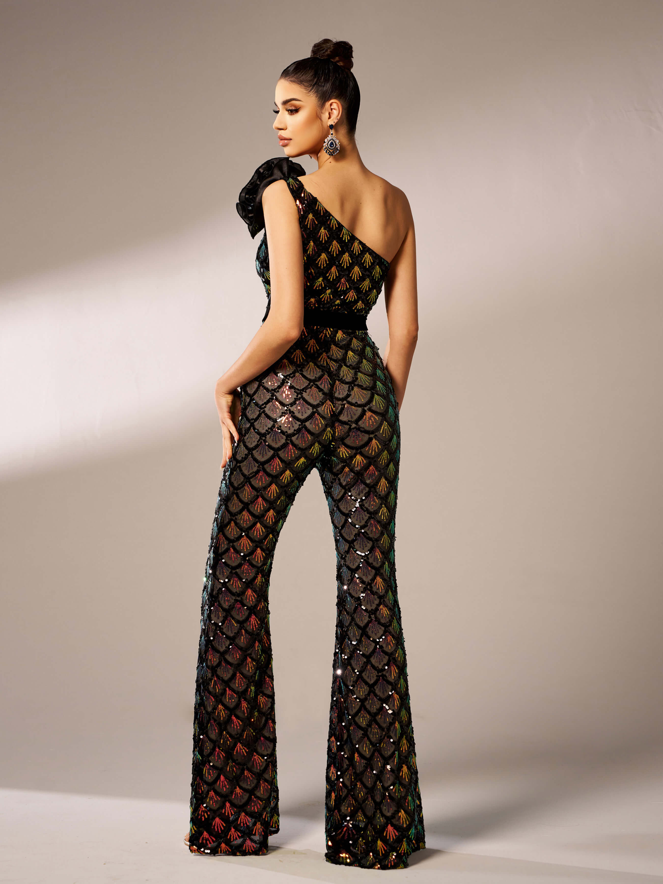 Mermaid Scale Floral One-Shoulder Sequin Jumpsuit DH80223