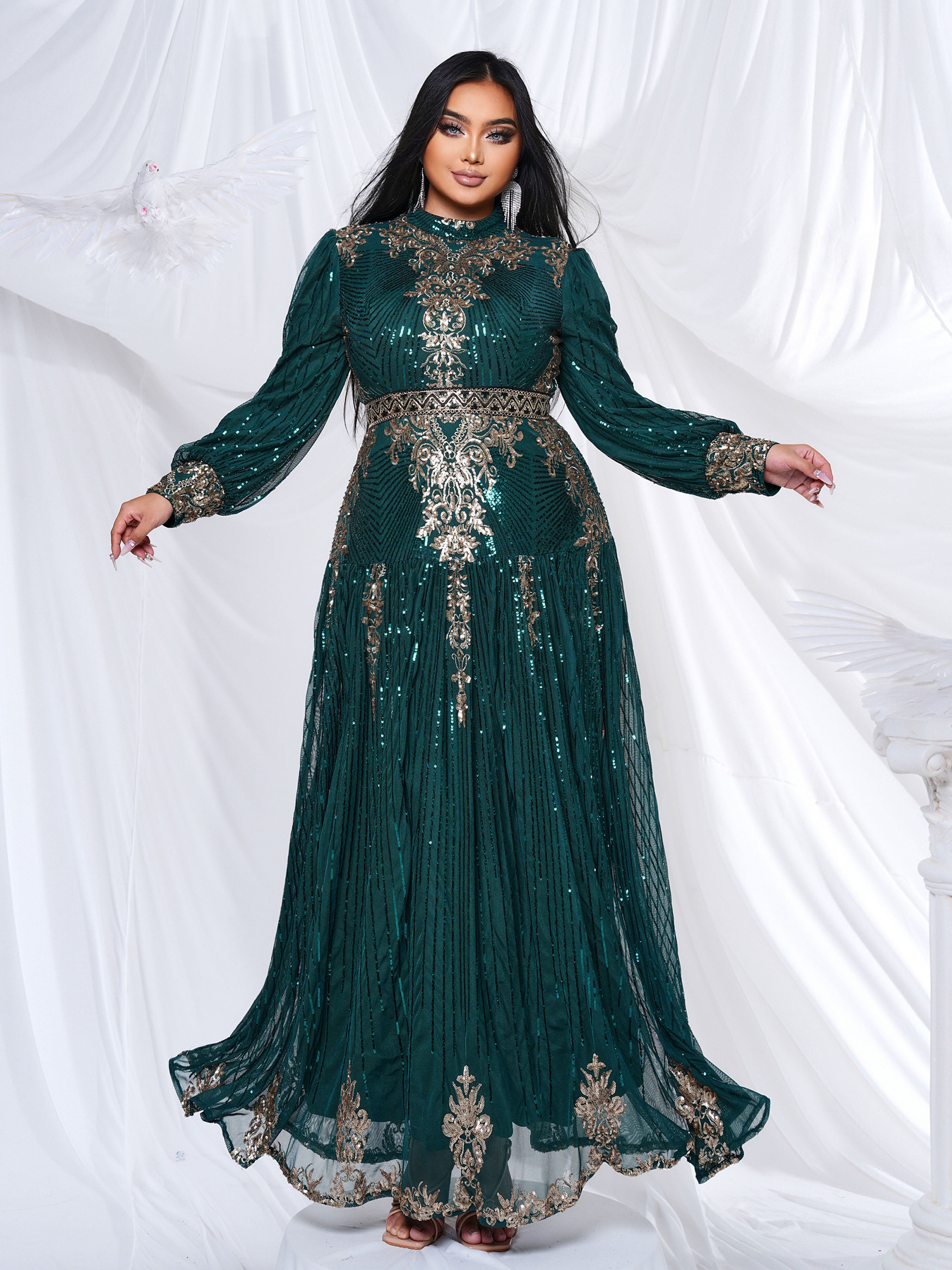 Lantern Sleeve Sequin Maxi Dress MES00341