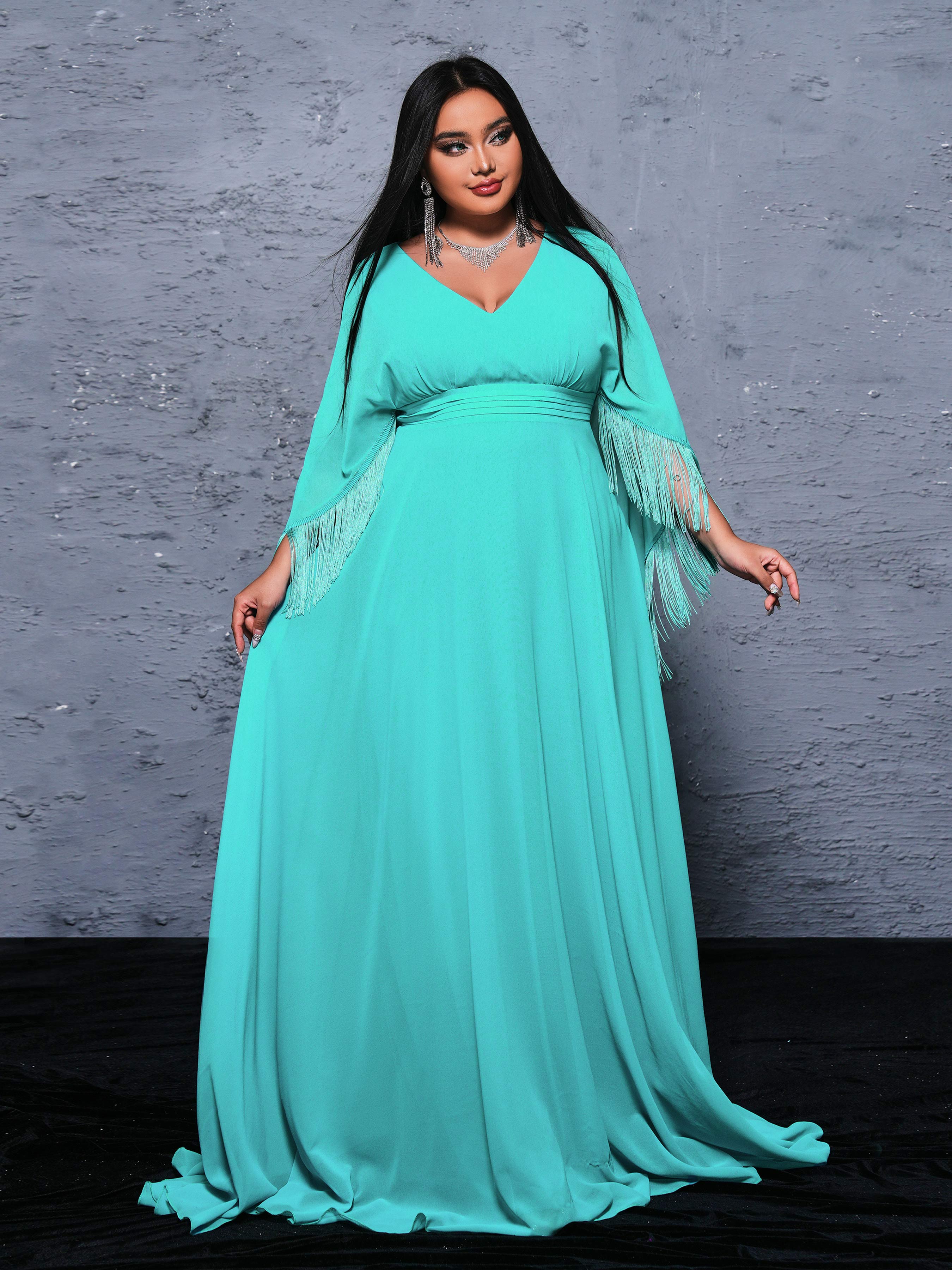 Plus Cape Sleeve Fringed Tulle Dress PRM21161