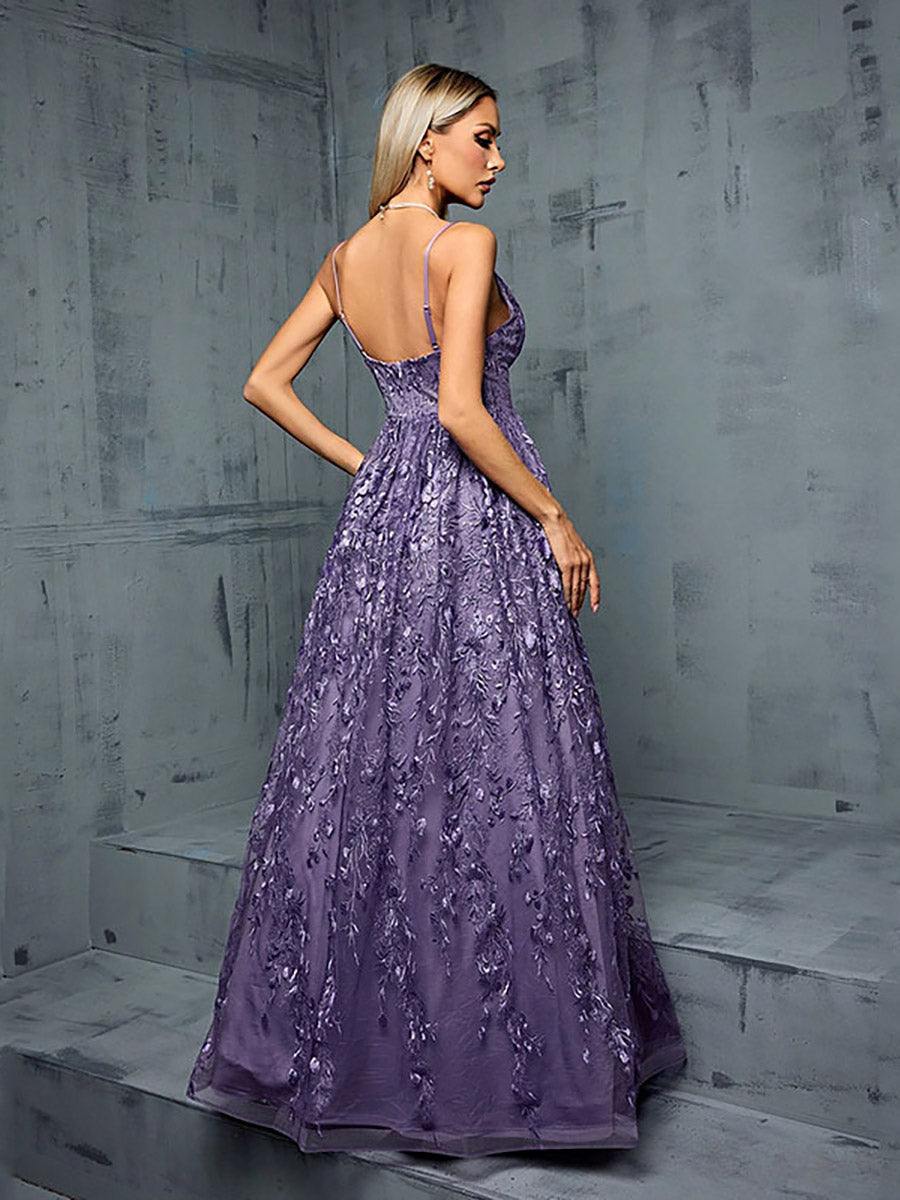 Embroidery Spaghetti Backless Prom Dress MCW0926