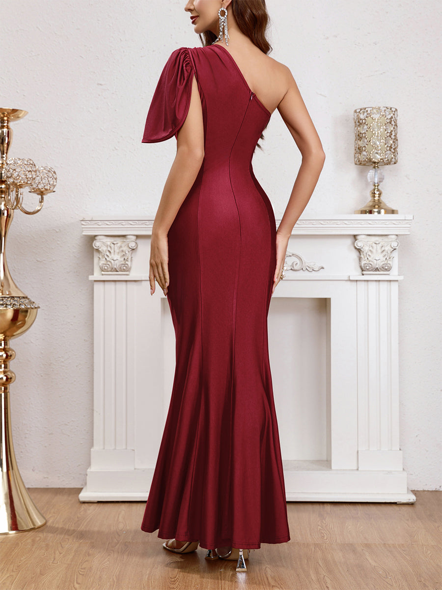 Wine One Shoulder Ruffled Mermaid Dress MCW1097