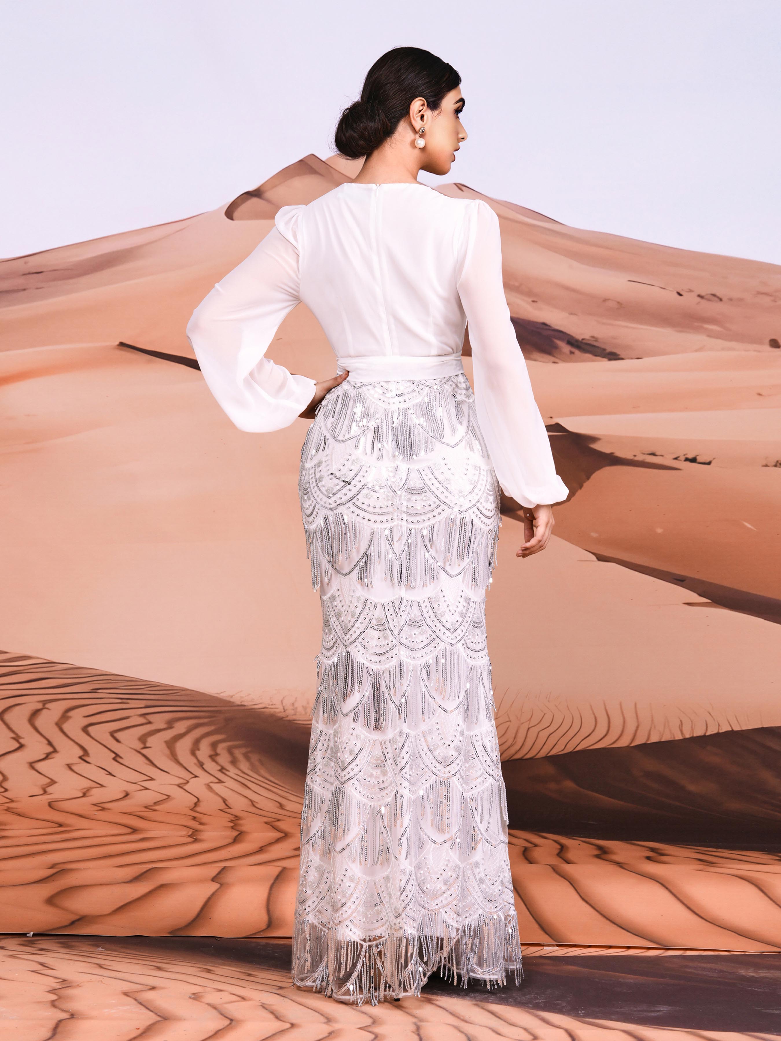 Wrap Panel Fringed Sequin Formal Dress MES00382