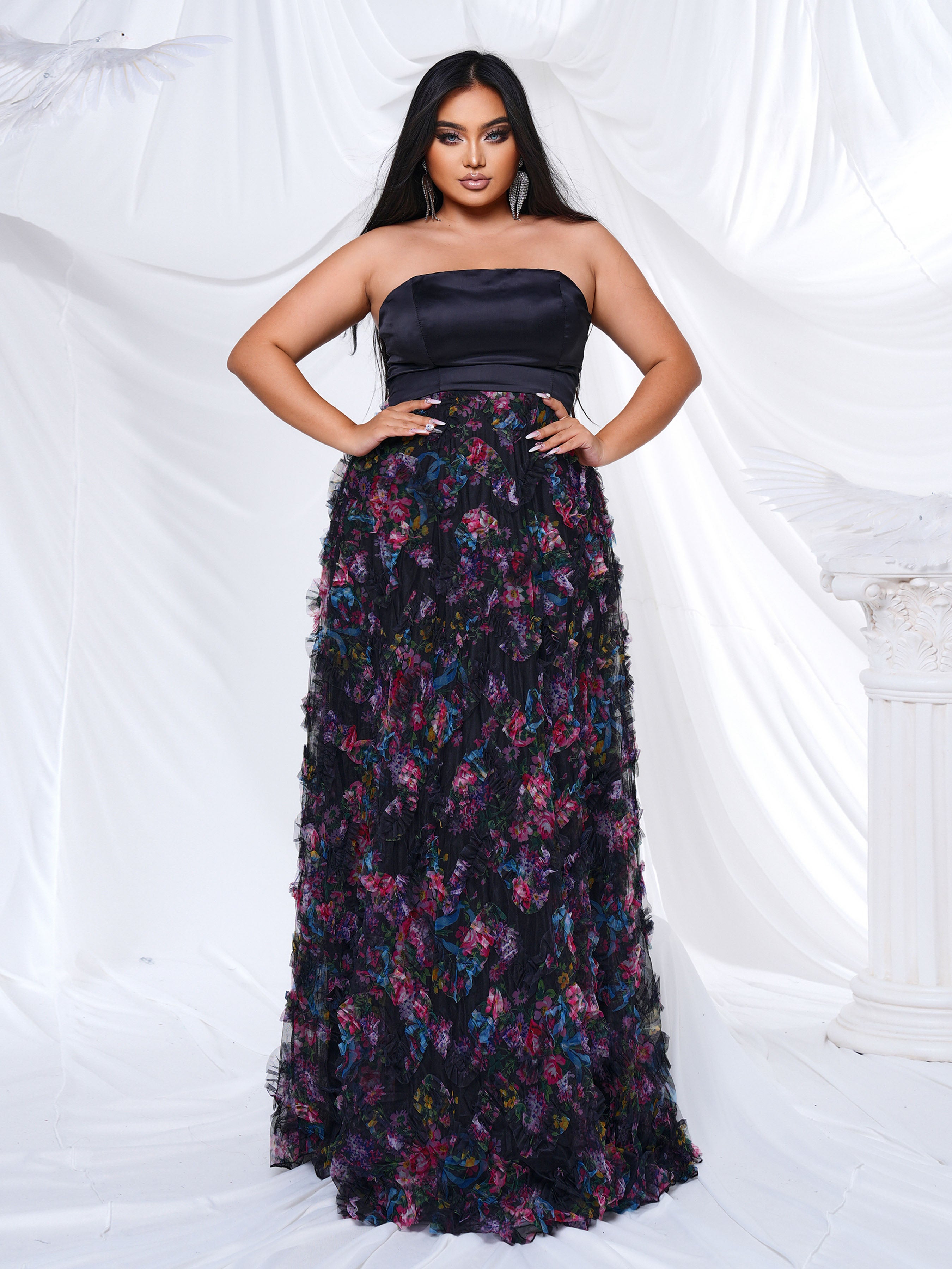 Plus Strapless Sleeveless Floral Tulle Dress PRH30943