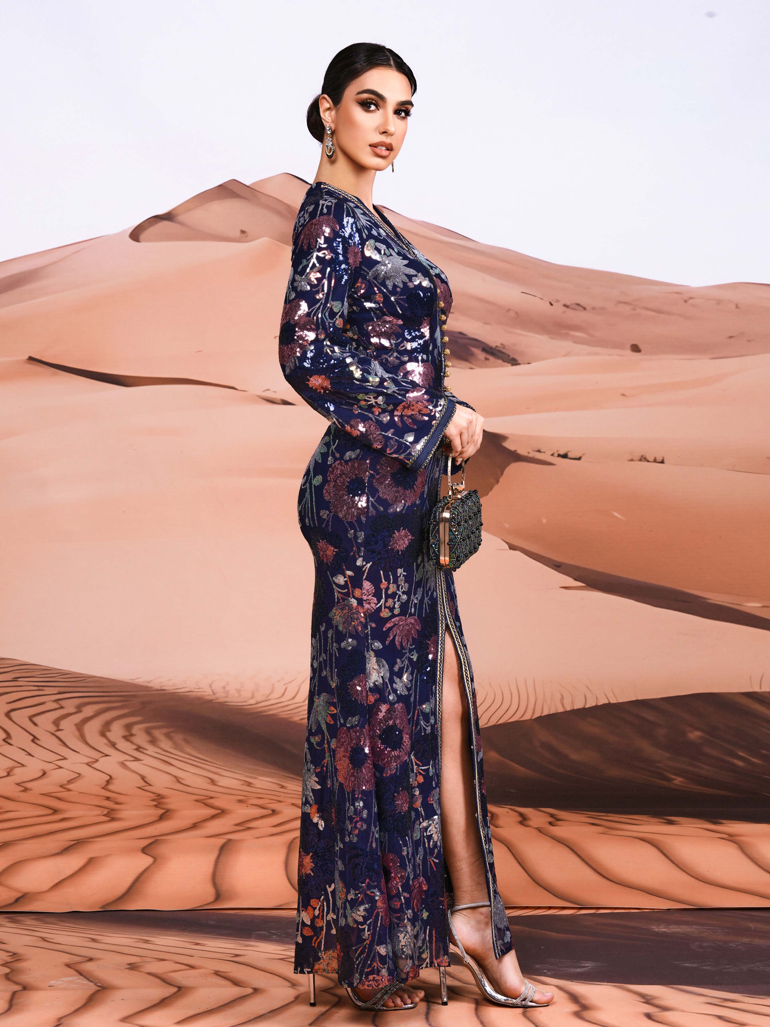 V-neck Floral Sequin Split Formal Dress ME00329