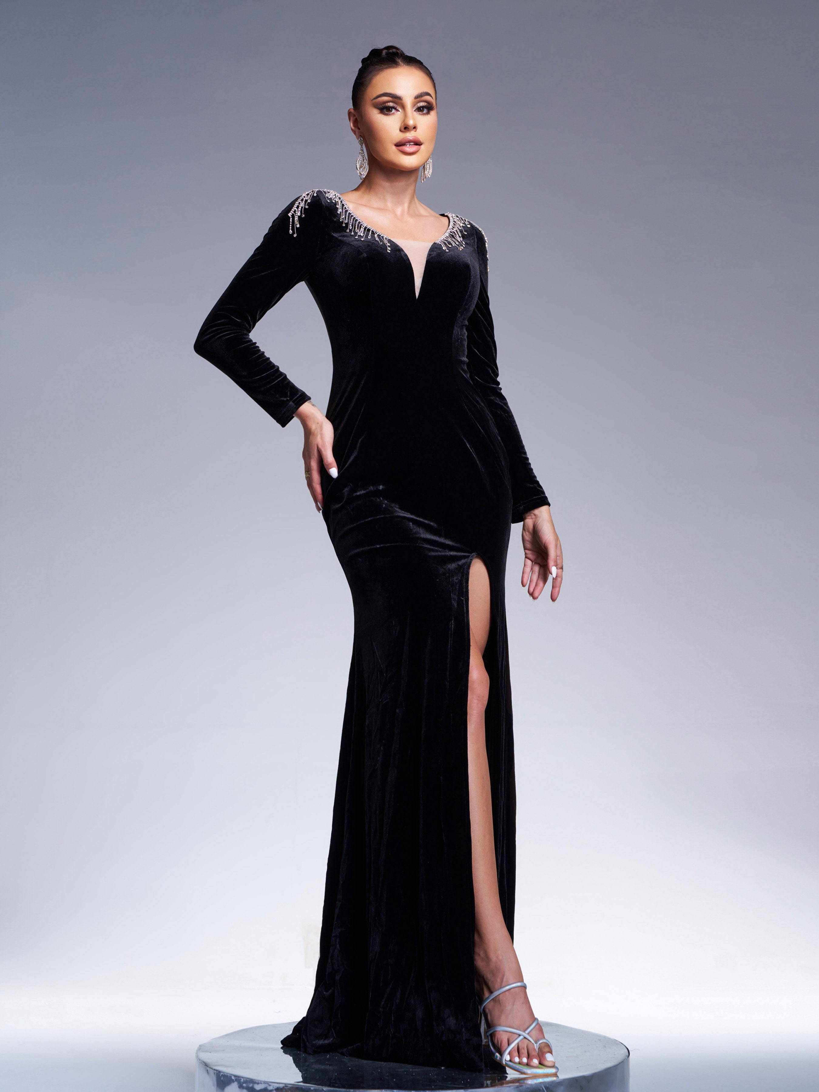 V-neck Velvet Split Black Long Sleeve Dress RH30698