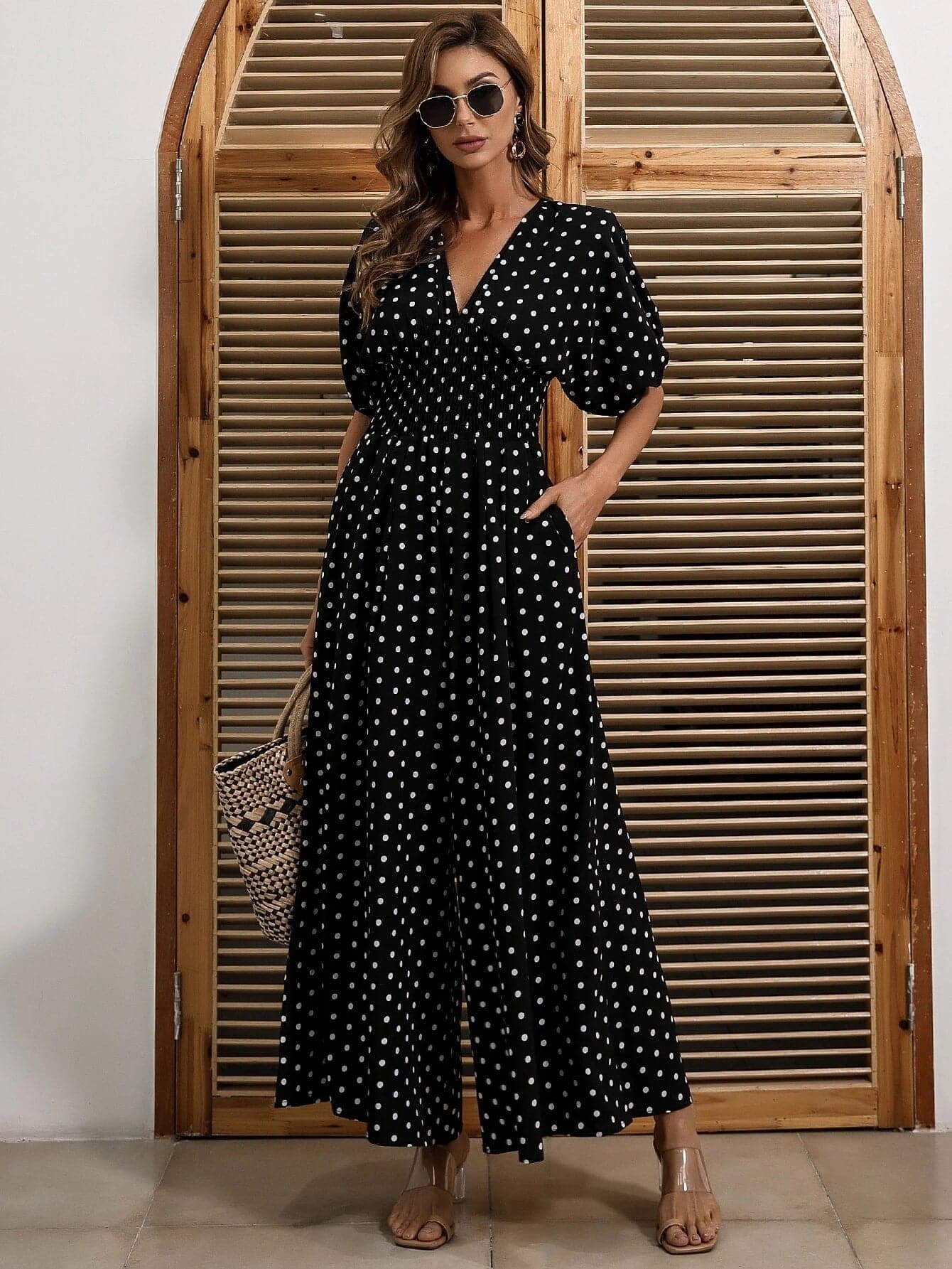 Polka Dot Shirred Waist Jumpsuits M01178