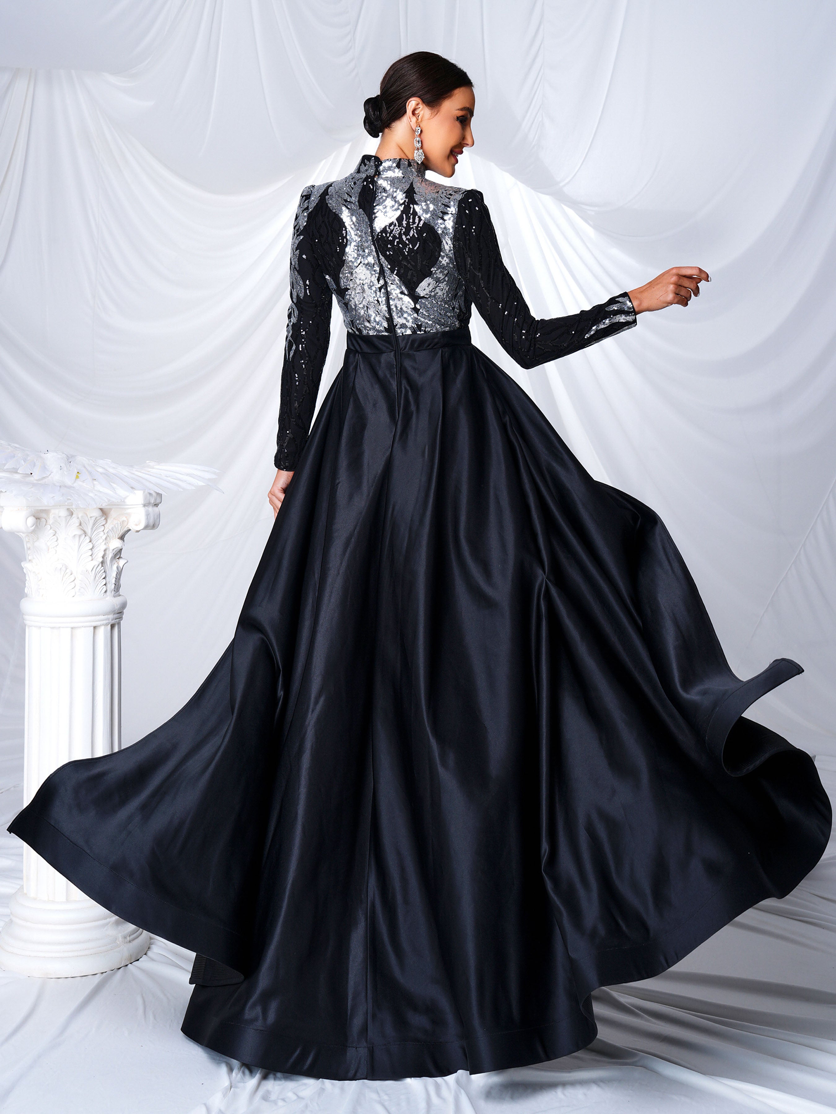 Stand Collar Fold Satin Sequin Dress MES00579