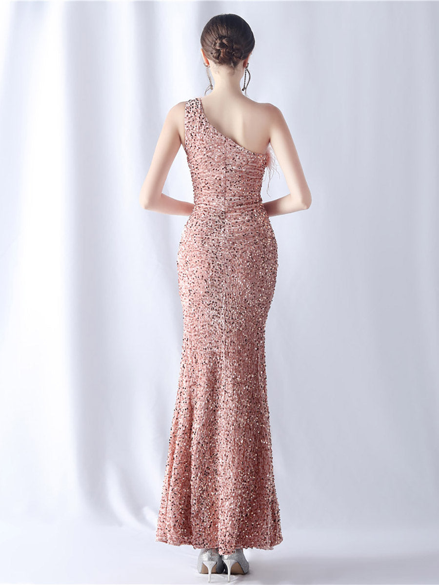 One Shoulder Sequin Feather Cocktail Dress MCW0918