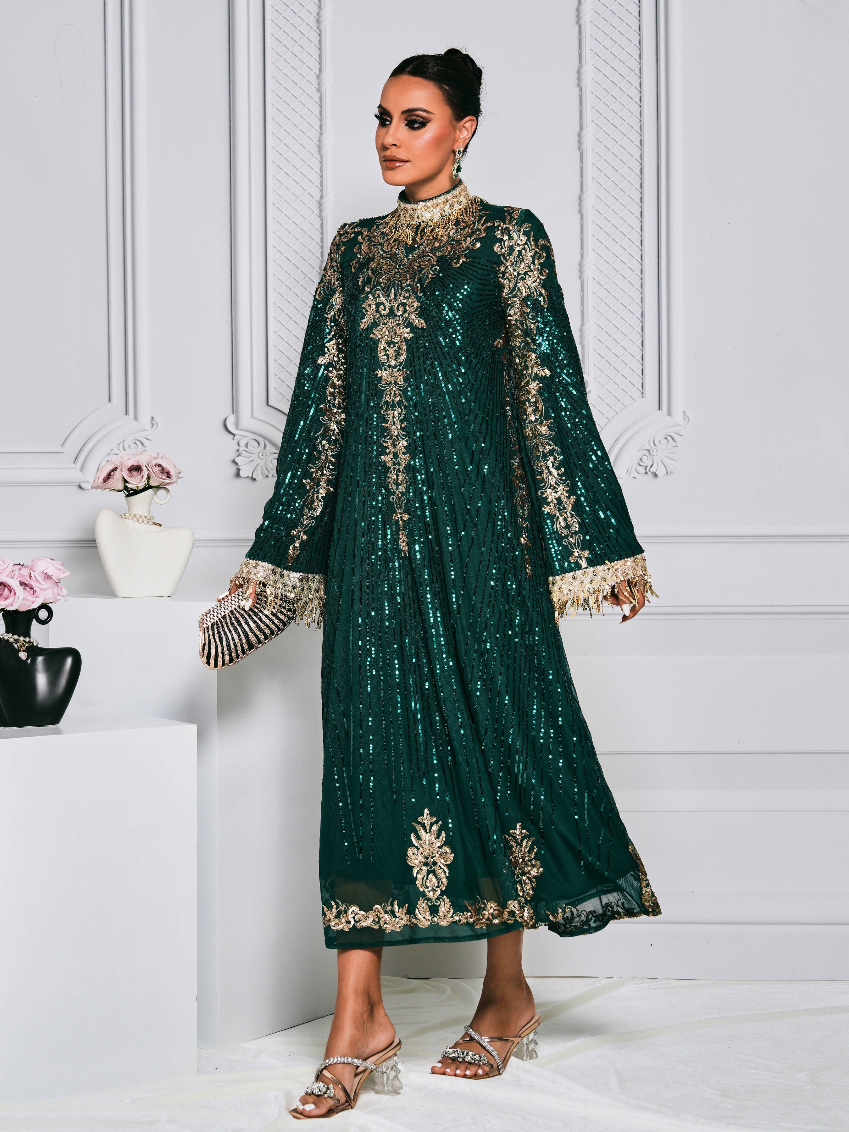 Stand Collar Bell Sleeve Sequin Dress MES00344